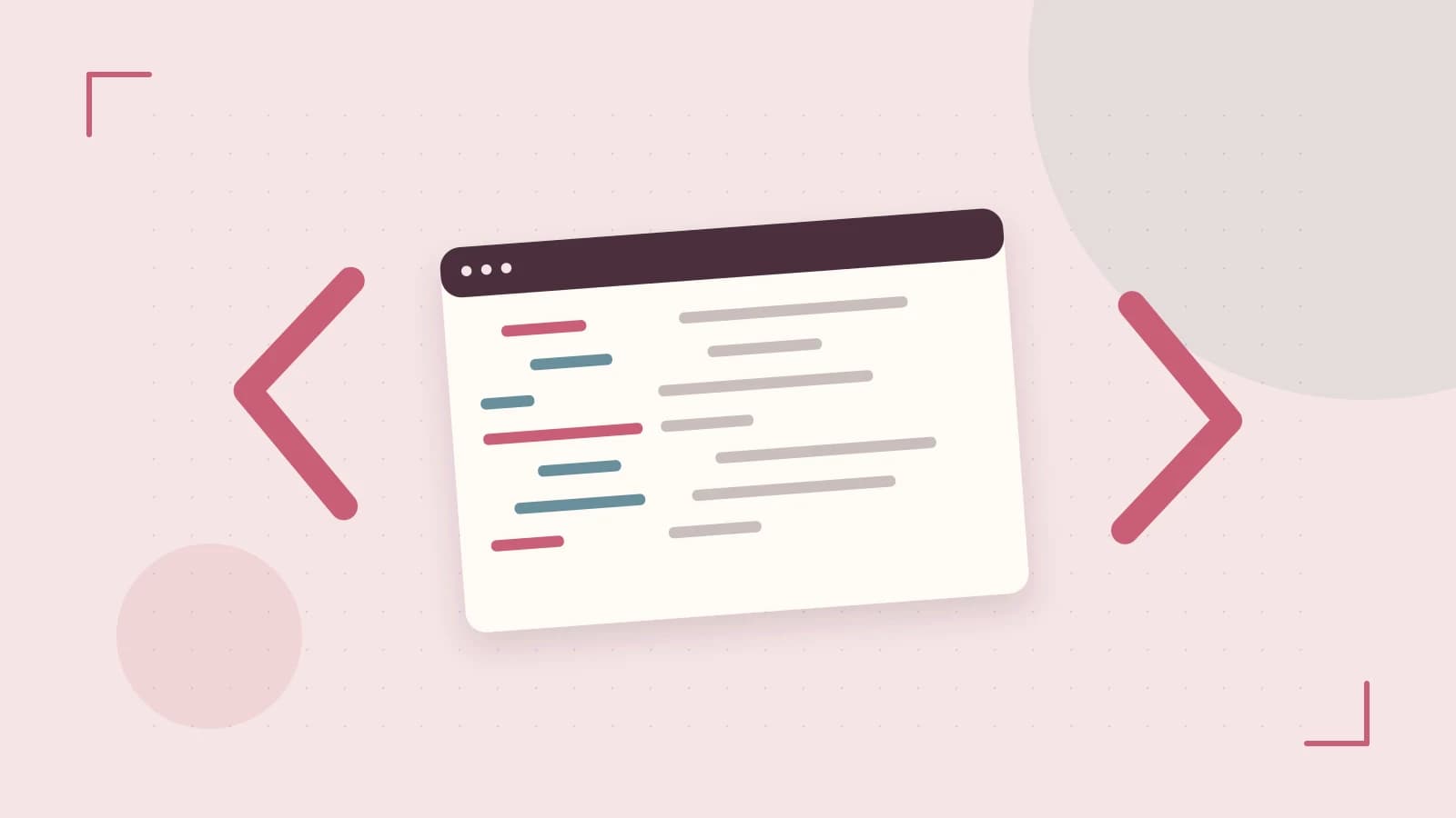Editorial illustration of an abstract code editor, syntax blocks and oversized programming brackets