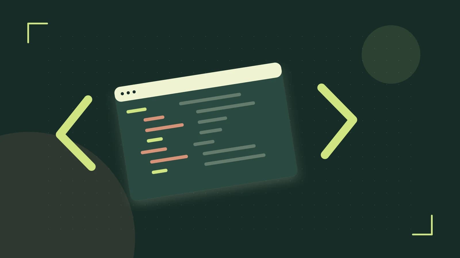 Editorial illustration of an abstract code editor, syntax blocks and oversized programming brackets