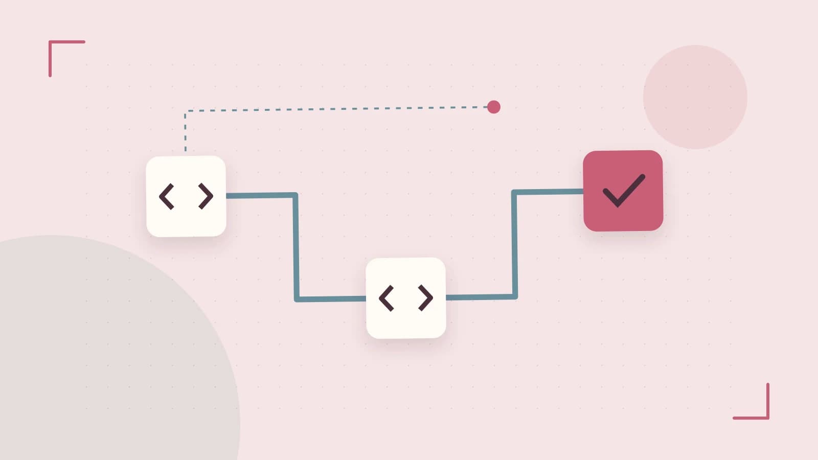 Editorial illustration of a branching build pipeline, staged transformations and a completed check