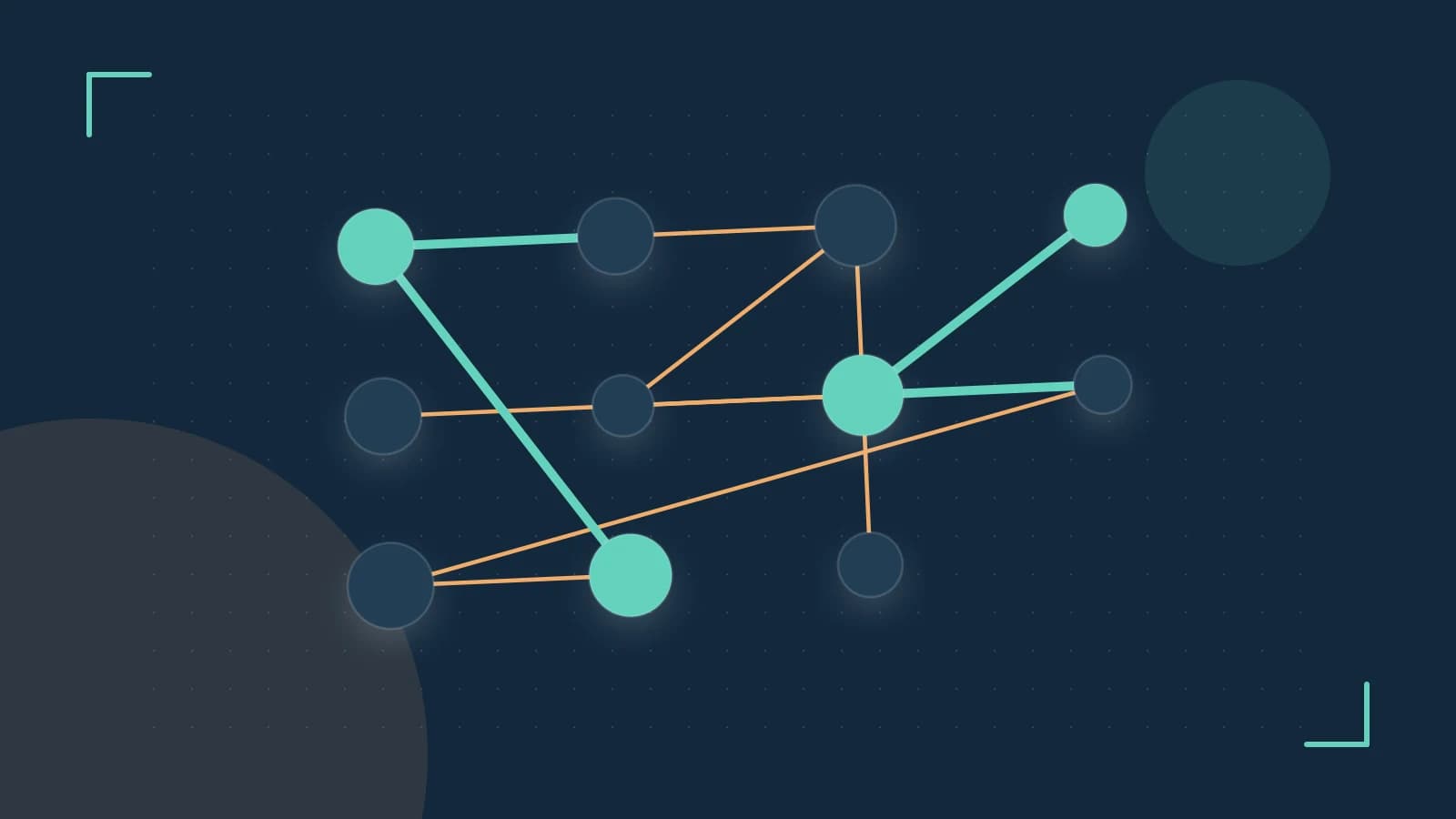 Editorial illustration of an algorithmic node graph with branching paths and a highlighted result