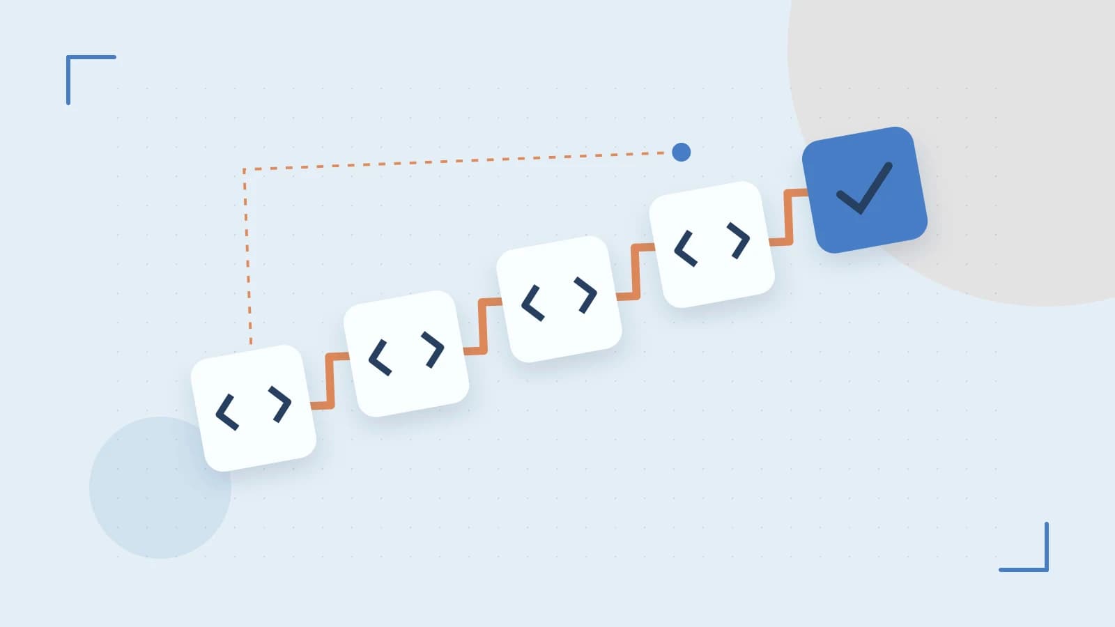 Editorial illustration of a branching build pipeline, staged transformations and a completed check