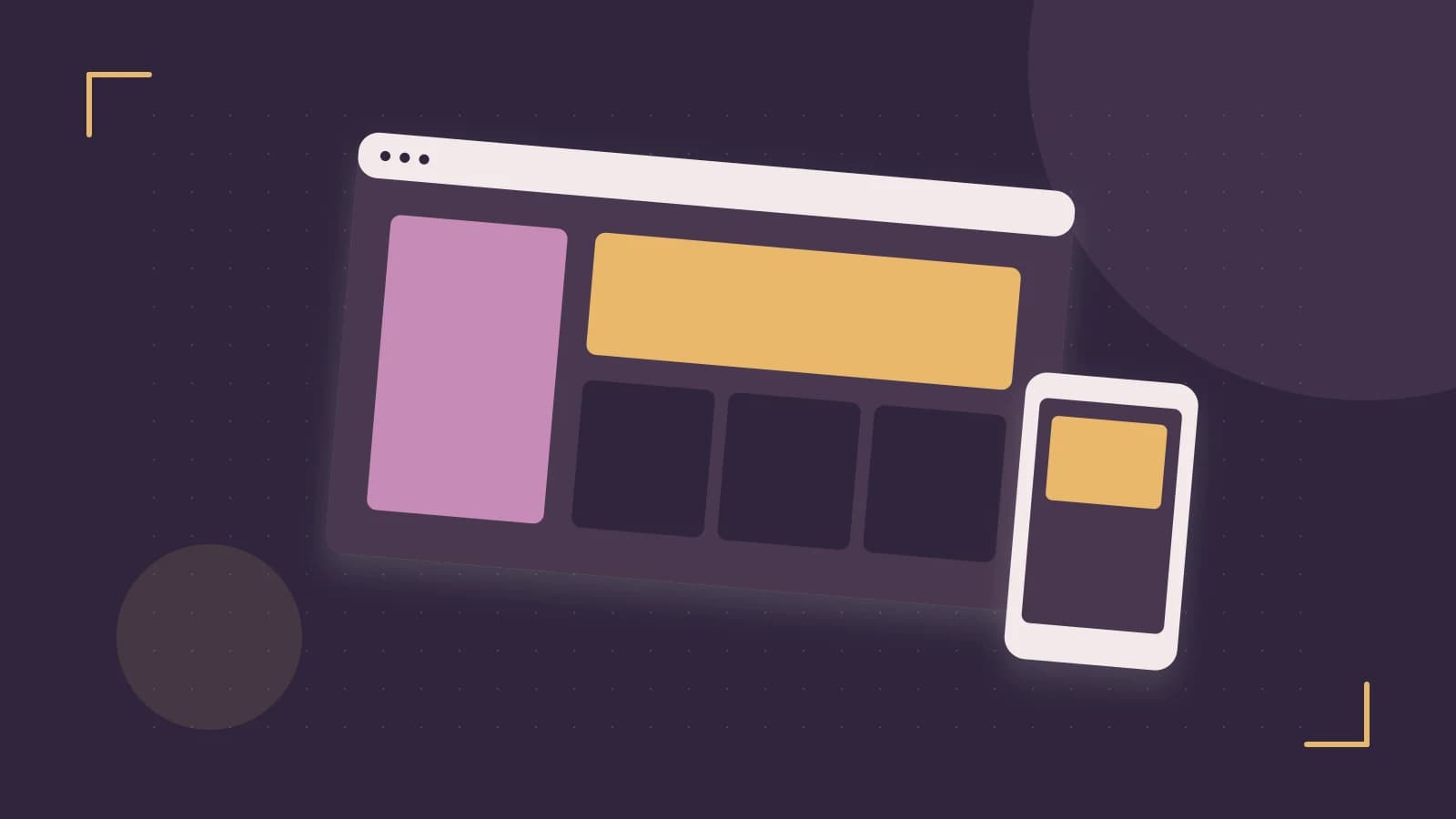 Editorial illustration of responsive browser layouts, overlapping design components and a color system