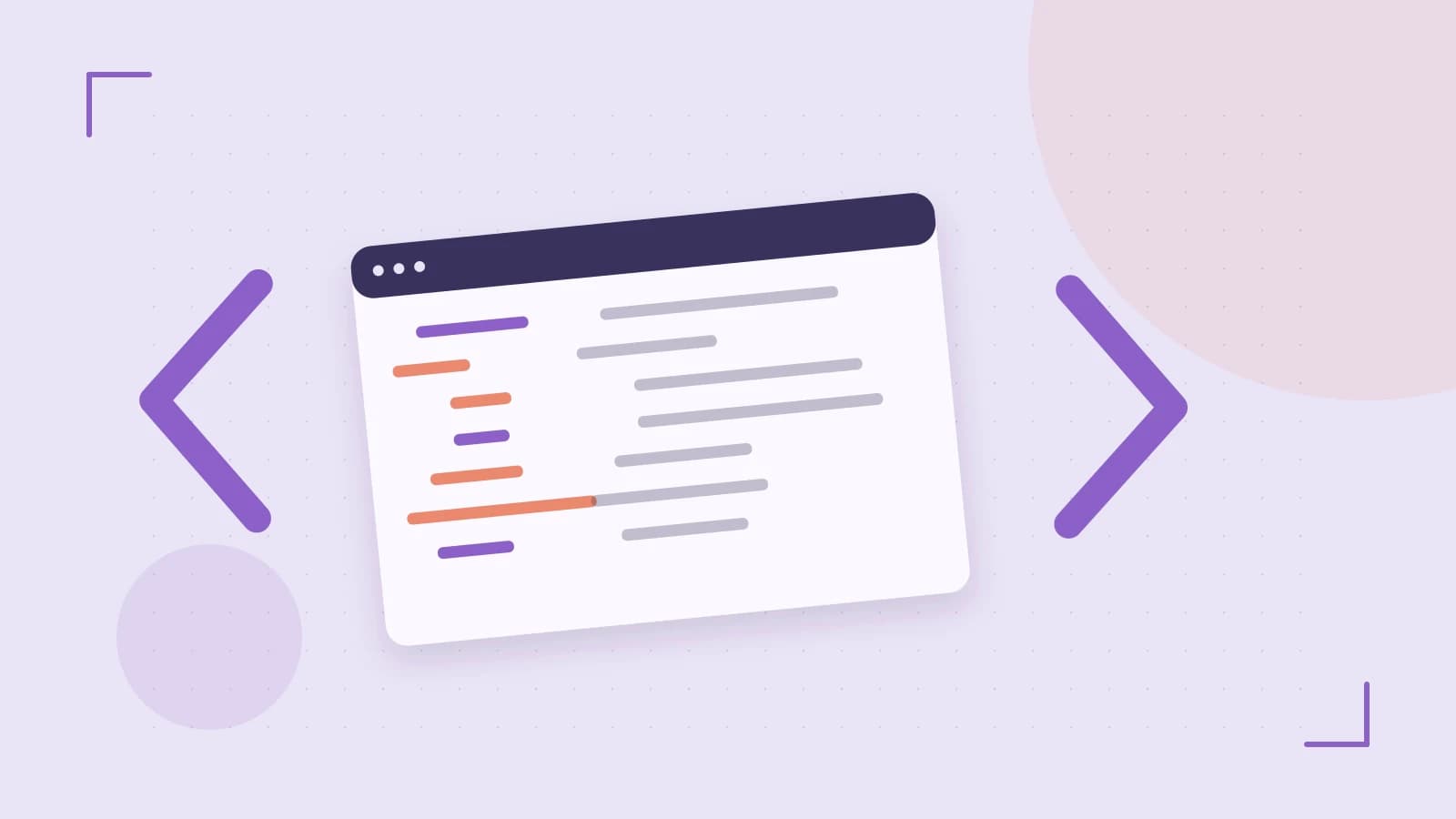 Editorial illustration of an abstract code editor, syntax blocks and oversized programming brackets