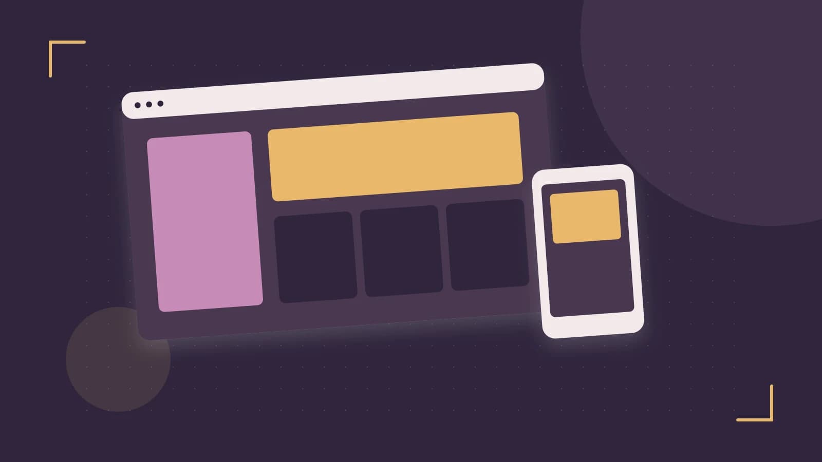 Editorial illustration of responsive browser layouts, overlapping design components and a color system
