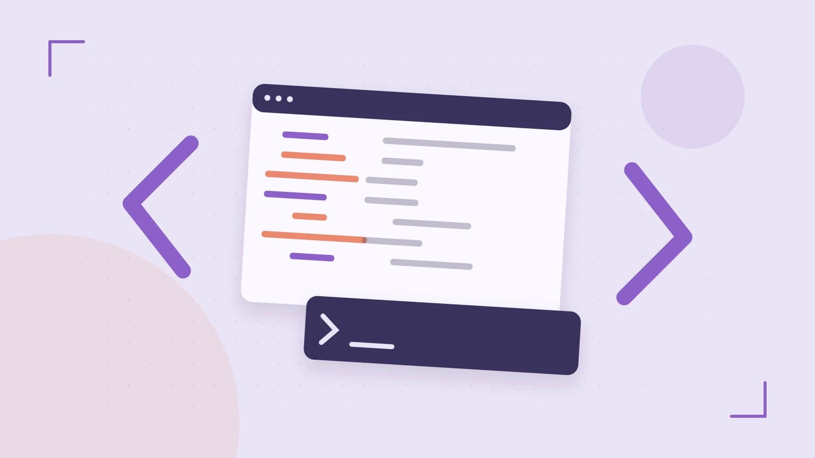 Editorial illustration of an abstract code editor, syntax blocks and oversized programming brackets