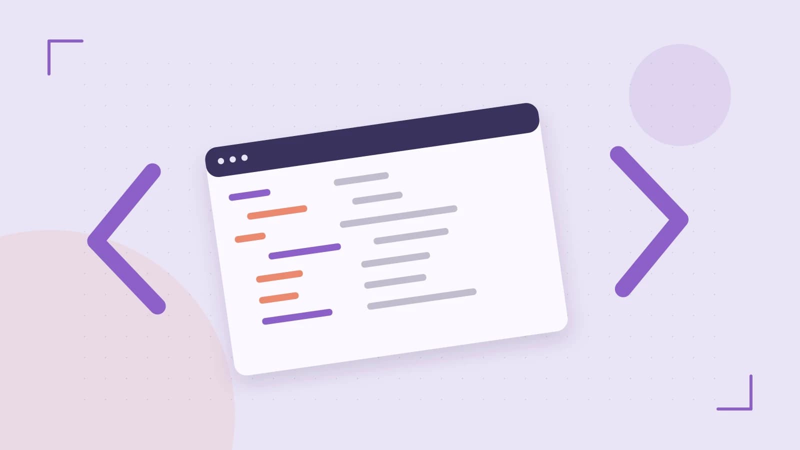 Editorial illustration of an abstract code editor, syntax blocks and oversized programming brackets