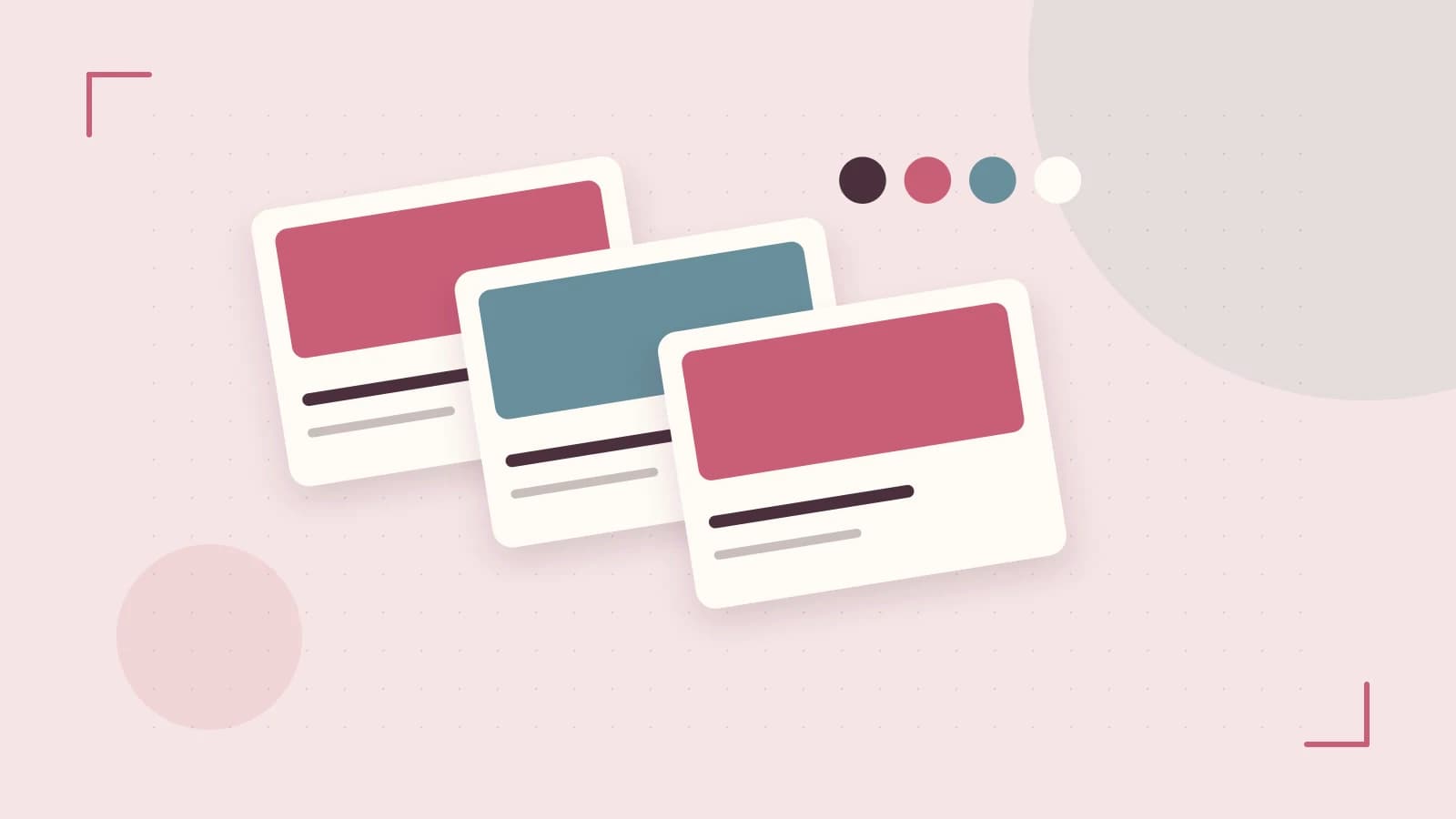 Editorial illustration of responsive browser layouts, overlapping design components and a color system