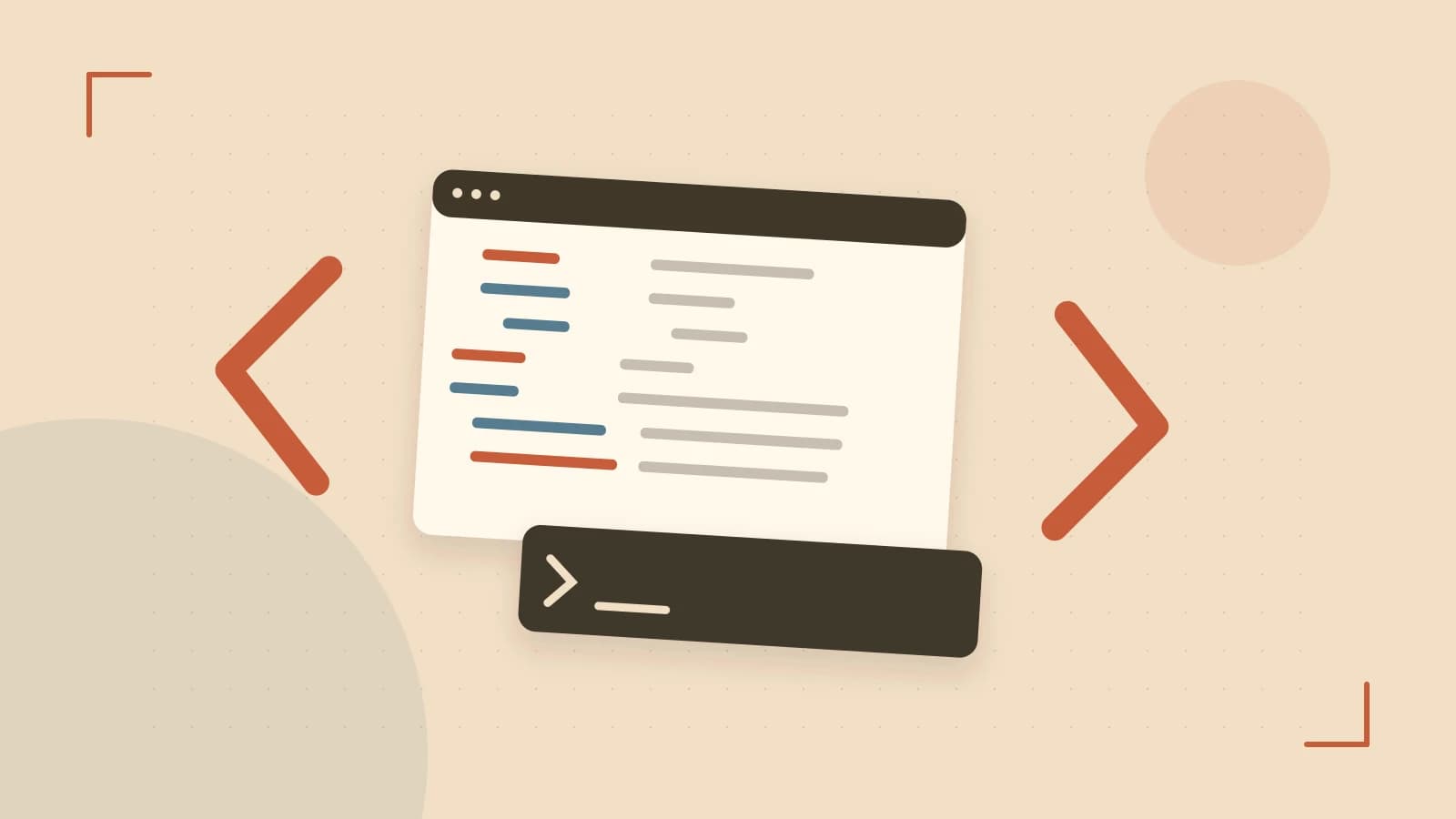 Editorial illustration of an abstract code editor, syntax blocks and oversized programming brackets