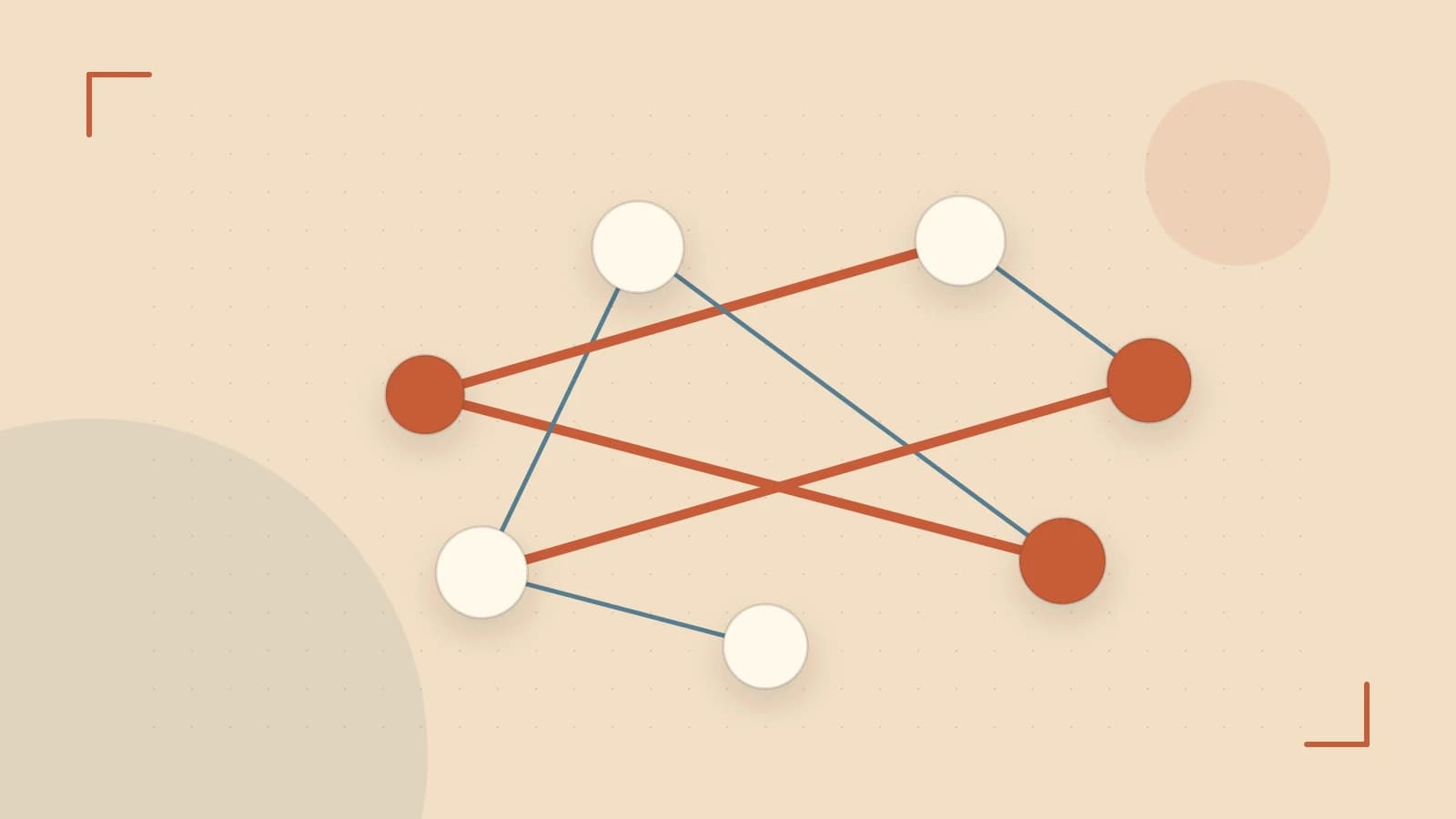 Editorial illustration of an algorithmic node graph with branching paths and a highlighted result