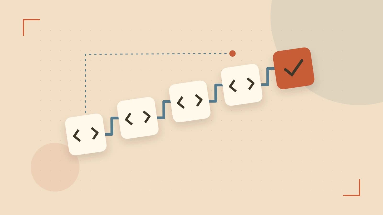Editorial illustration of a branching build pipeline, staged transformations and a completed check