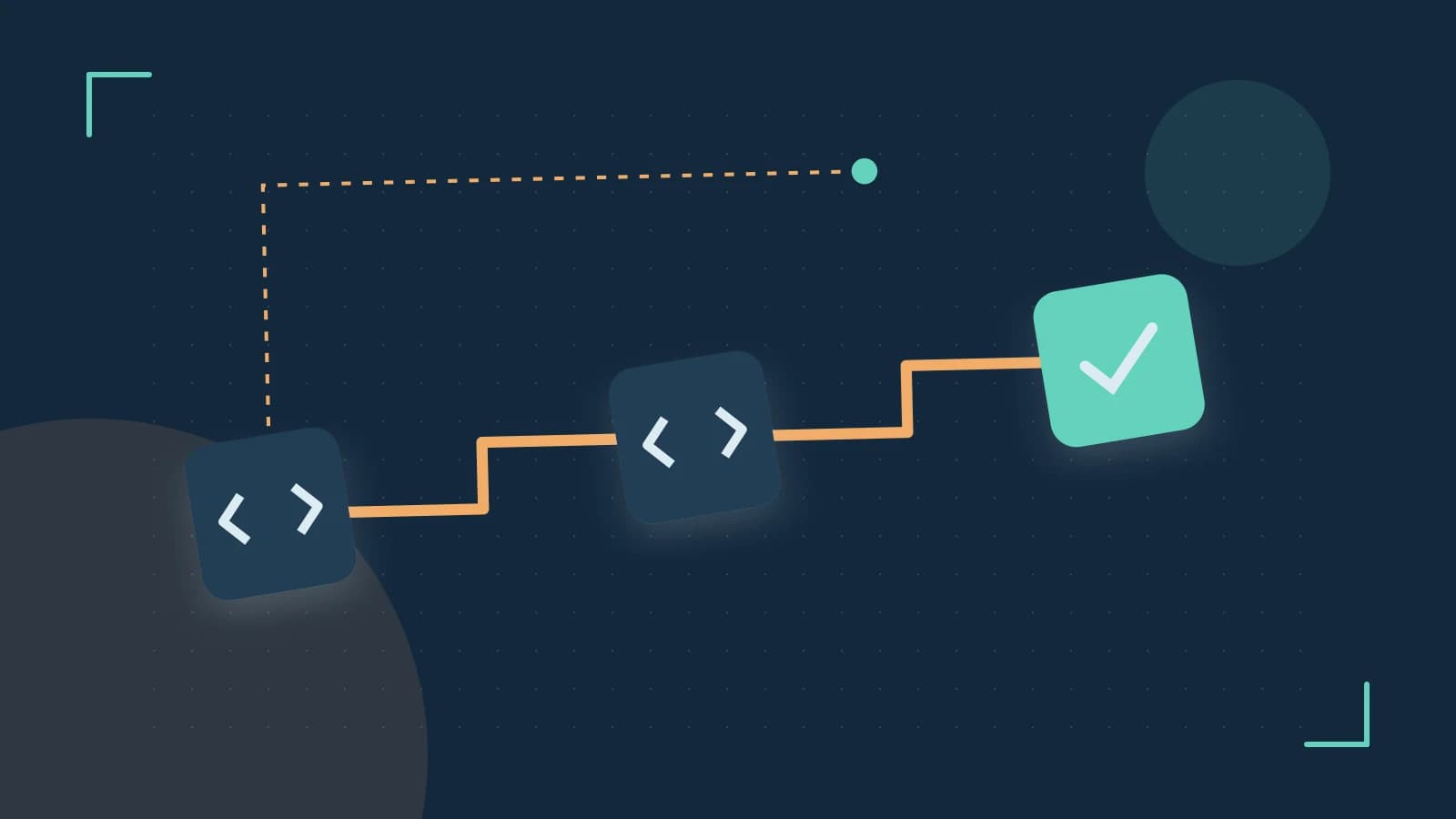 Editorial illustration of a branching build pipeline, staged transformations and a completed check