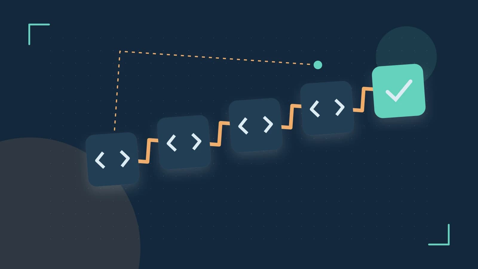 Editorial illustration of a branching build pipeline, staged transformations and a completed check