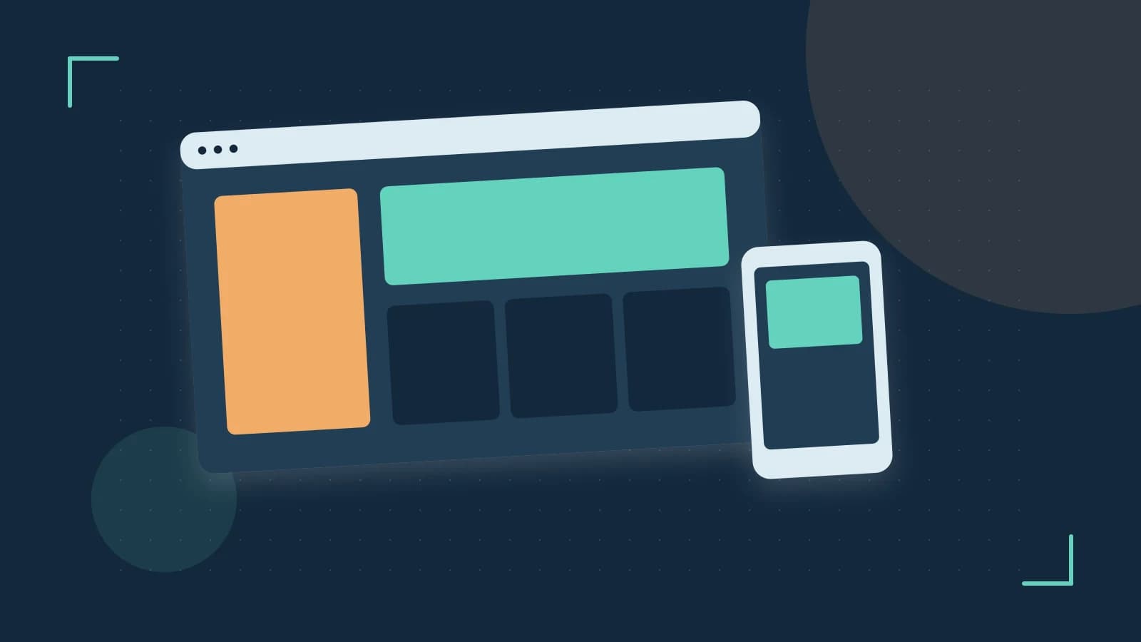 Editorial illustration of responsive browser layouts, overlapping design components and a color system