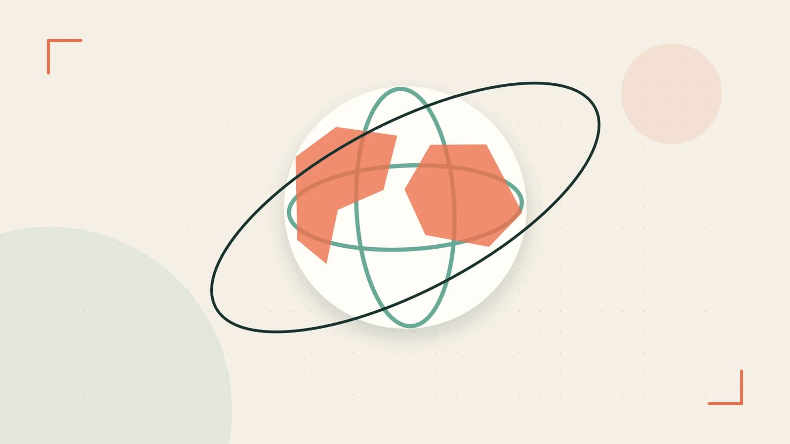 Editorial illustration of an editorial globe with meridians and layered geographic shapes