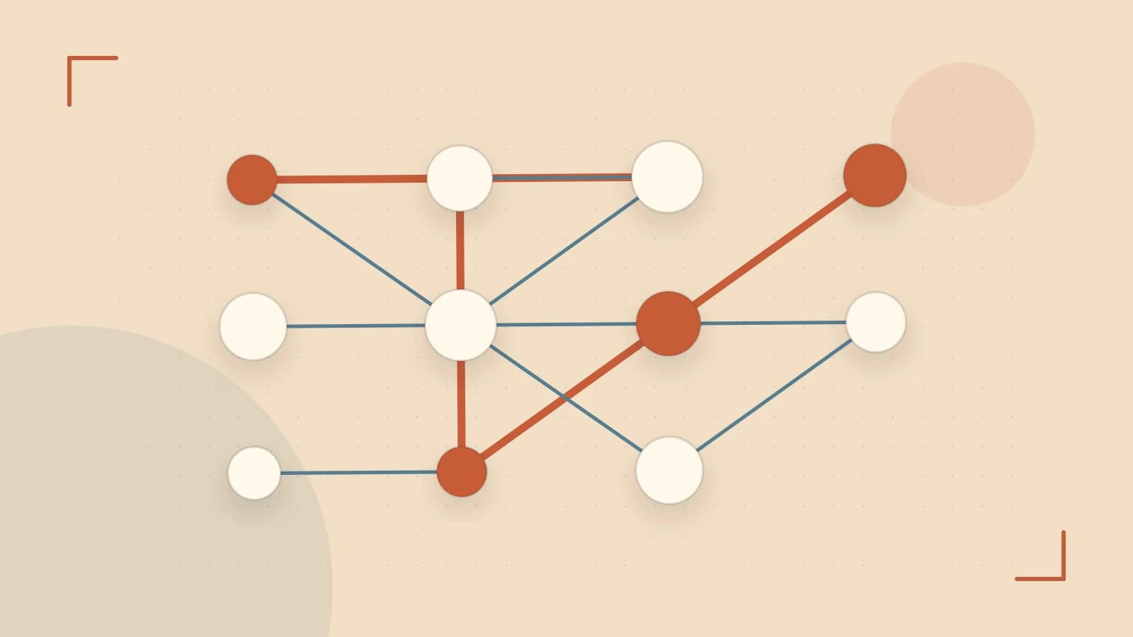 Editorial illustration of an algorithmic node graph with branching paths and a highlighted result