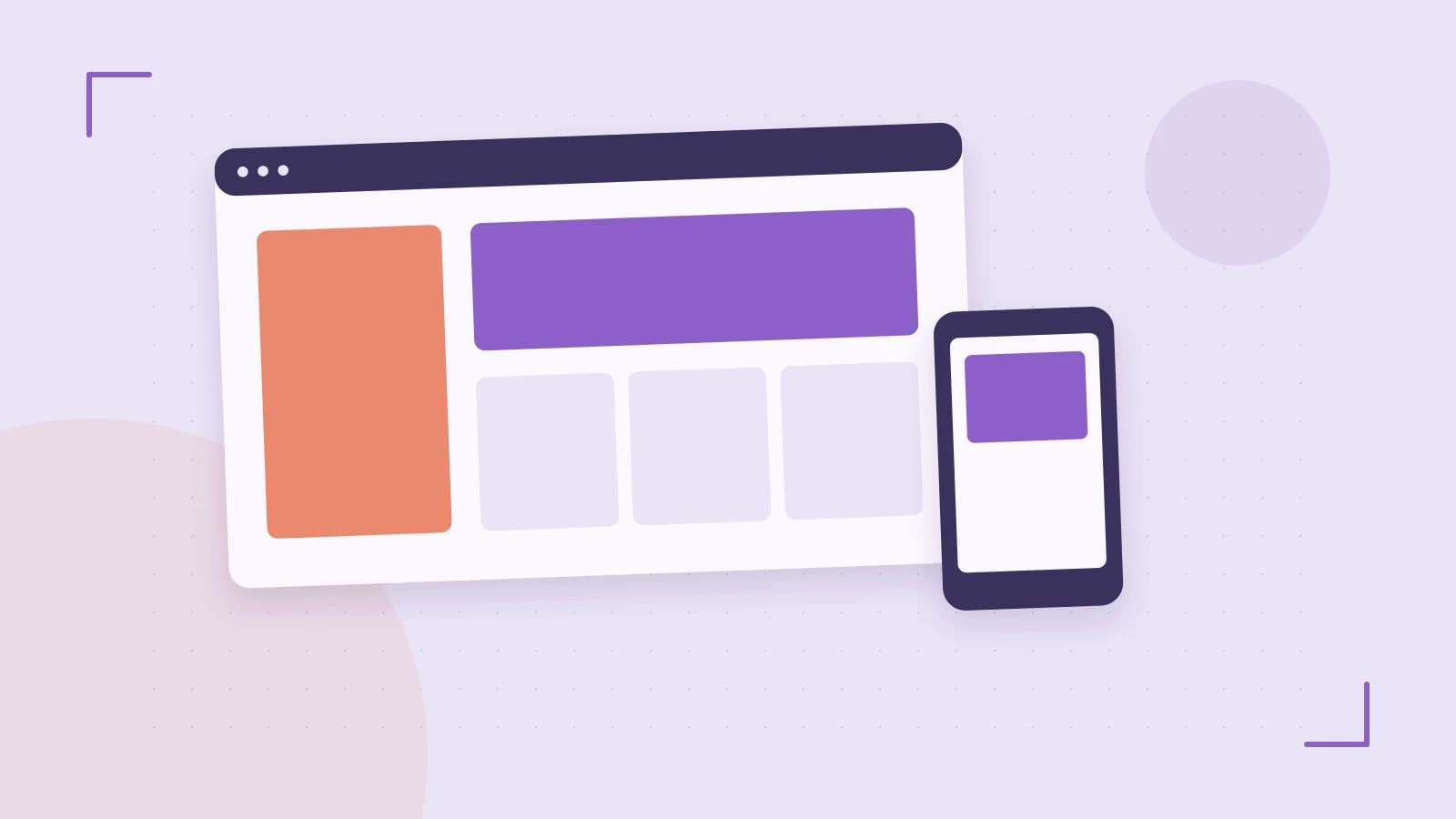 Editorial illustration of responsive browser layouts, overlapping design components and a color system
