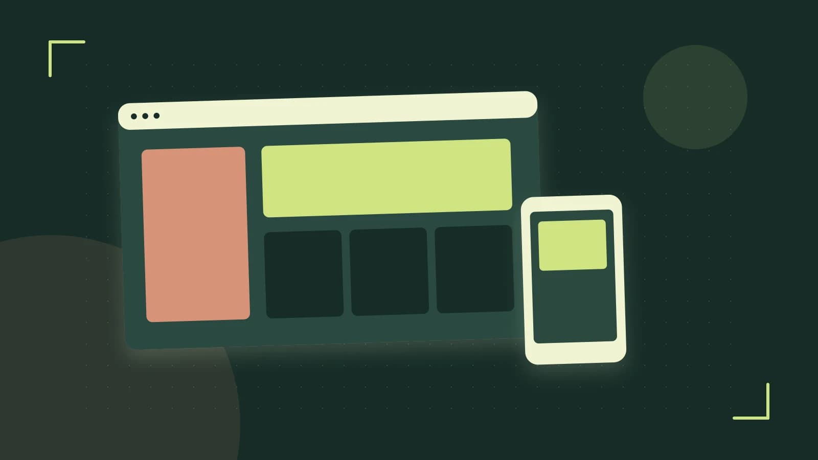 Editorial illustration of responsive browser layouts, overlapping design components and a color system