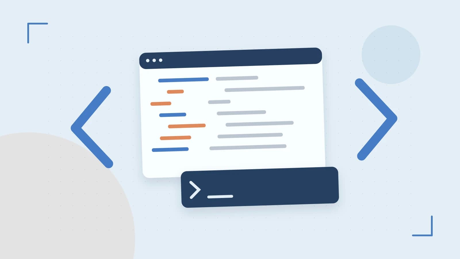 Editorial illustration of an abstract code editor, syntax blocks and oversized programming brackets