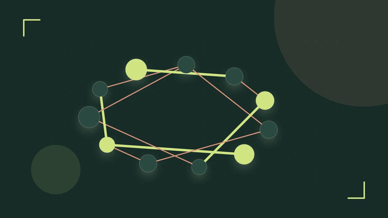 Editorial illustration of an algorithmic node graph with branching paths and a highlighted result