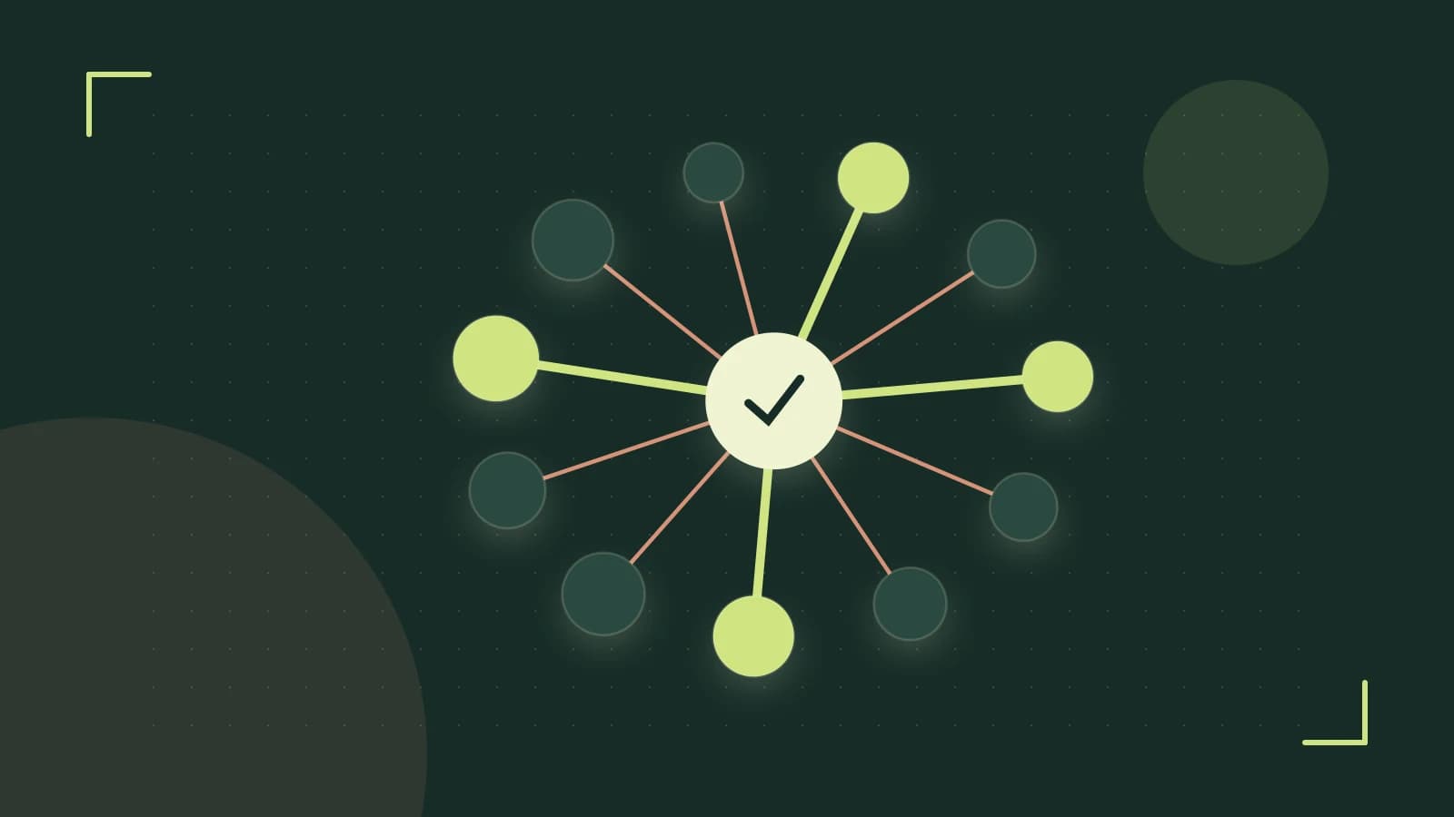 Editorial illustration of an algorithmic node graph with branching paths and a highlighted result