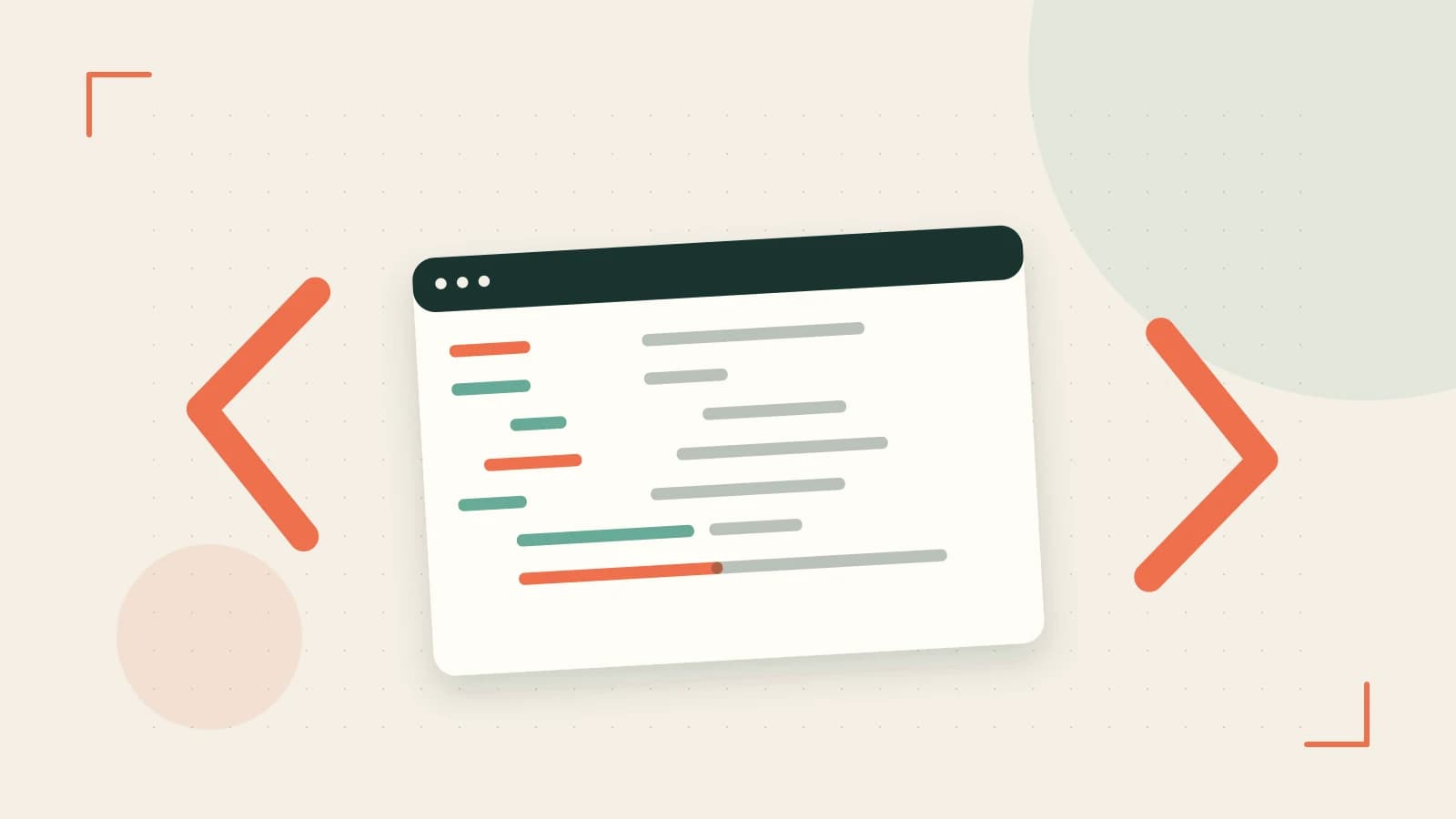 Editorial illustration of an abstract code editor, syntax blocks and oversized programming brackets