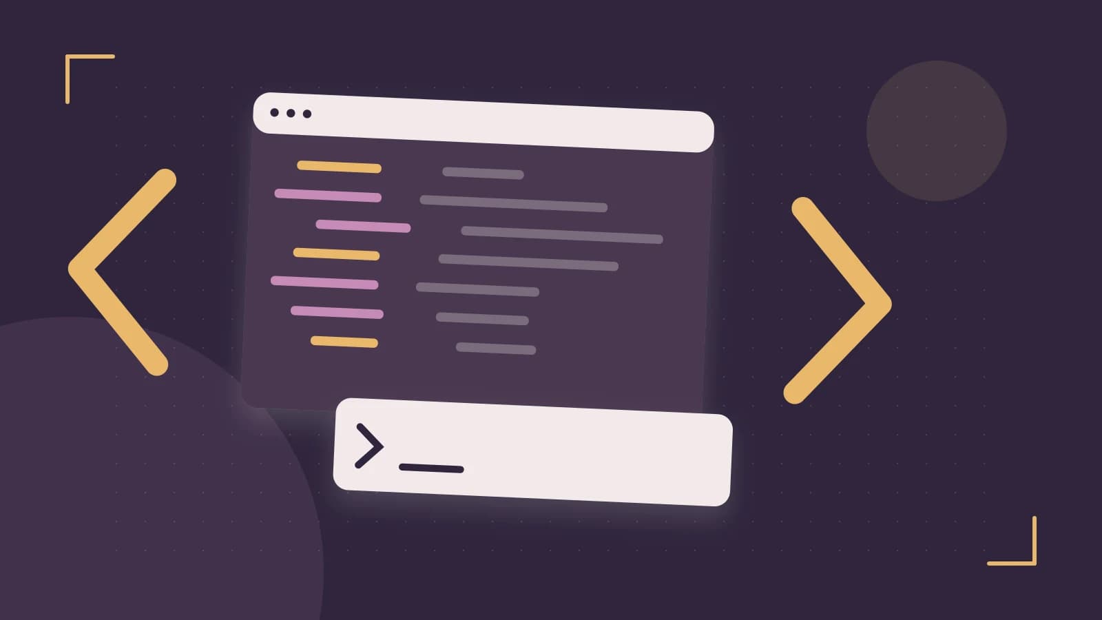 Editorial illustration of an abstract code editor, syntax blocks and oversized programming brackets