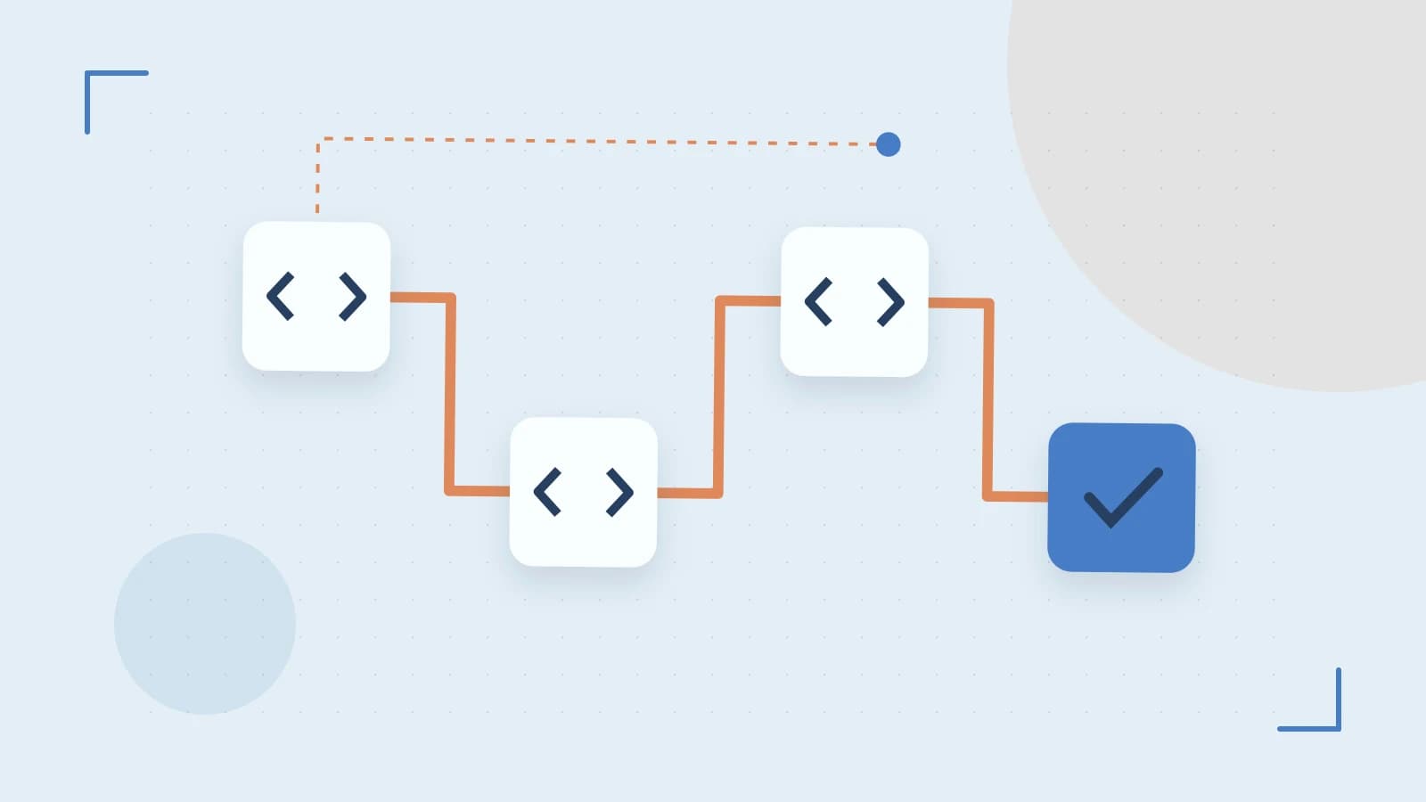 Editorial illustration of a branching build pipeline, staged transformations and a completed check