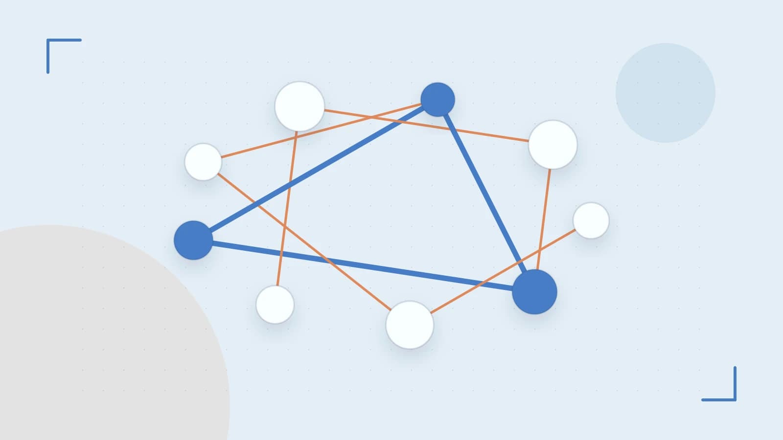 Editorial illustration of an algorithmic node graph with branching paths and a highlighted result