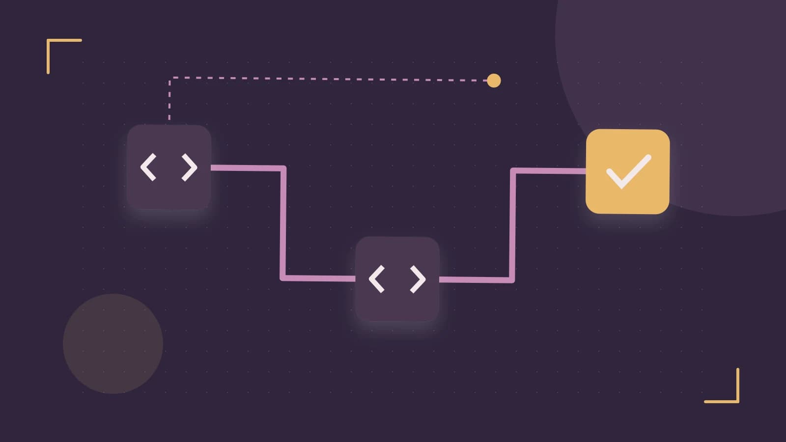 Editorial illustration of a branching build pipeline, staged transformations and a completed check