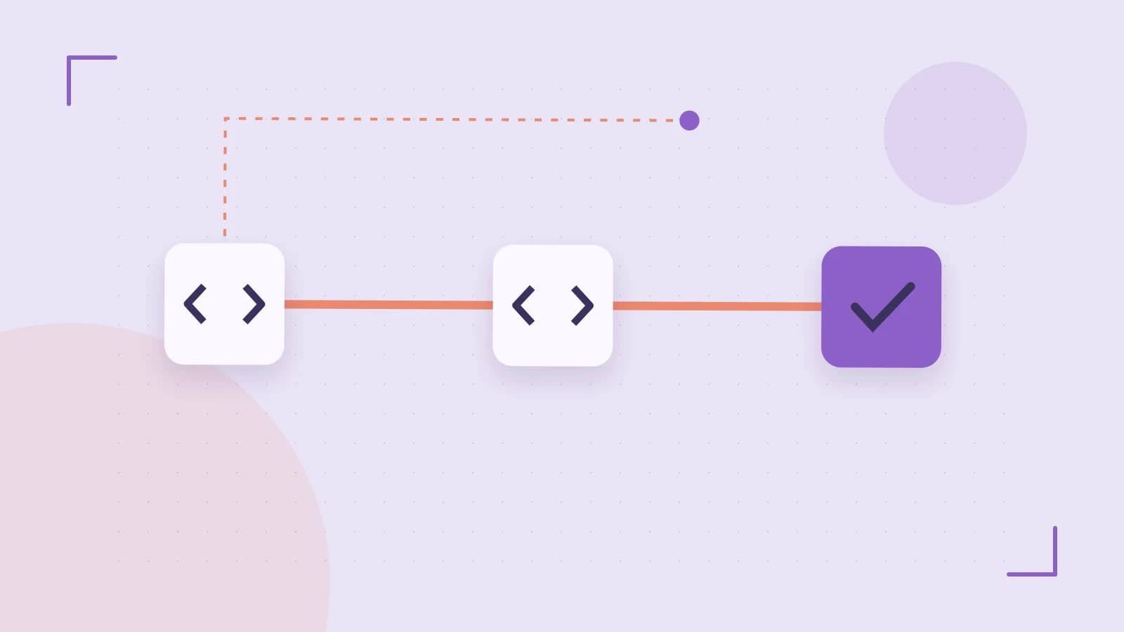 Editorial illustration of a branching build pipeline, staged transformations and a completed check