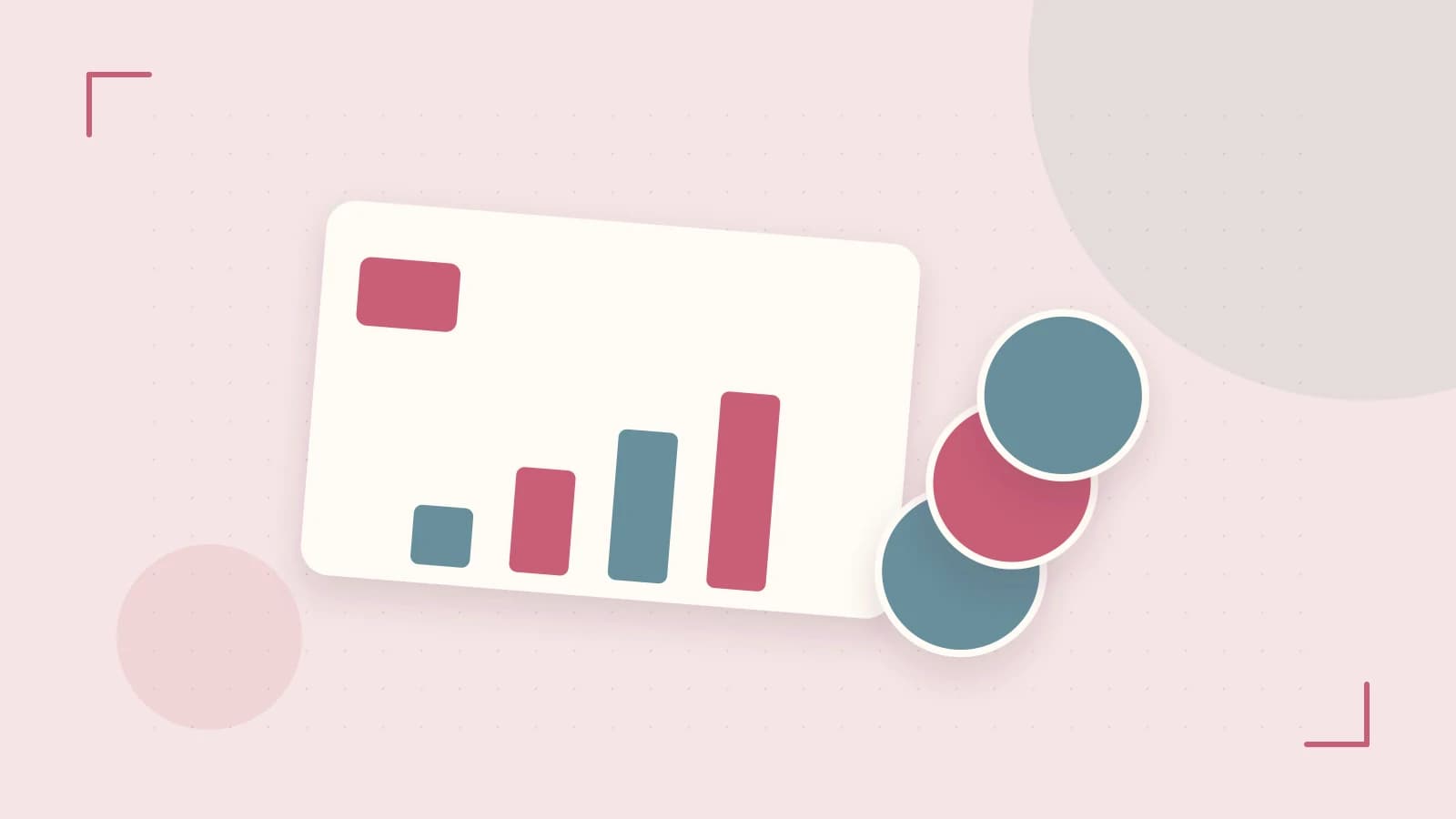 Editorial illustration of abstract coins, a payment card and a geometric financial chart without data labels