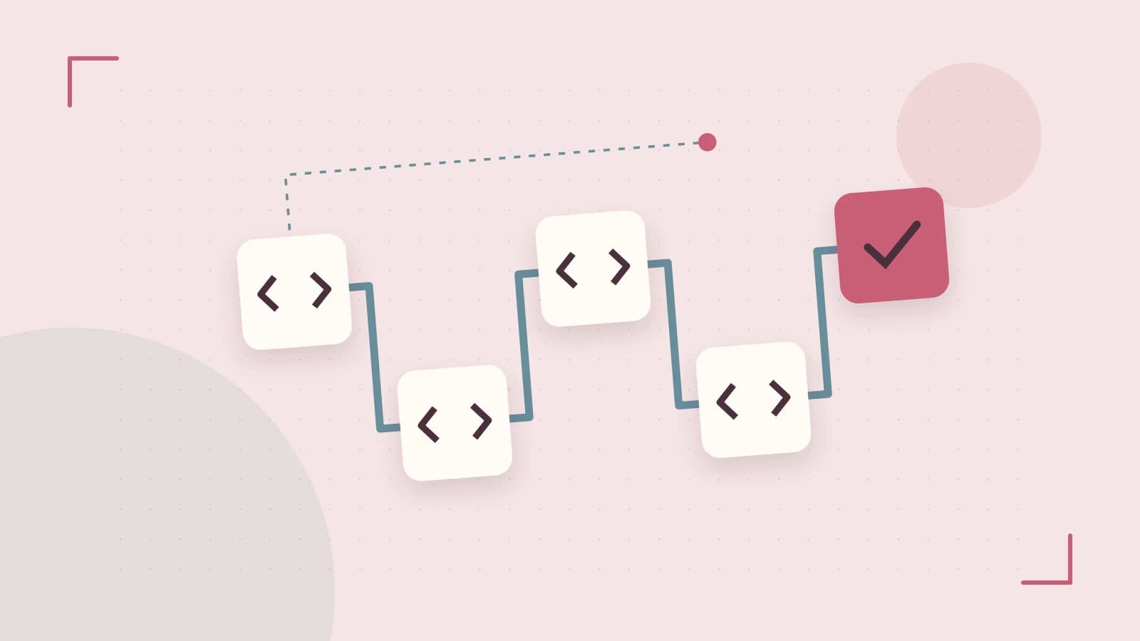 Editorial illustration of a branching build pipeline, staged transformations and a completed check