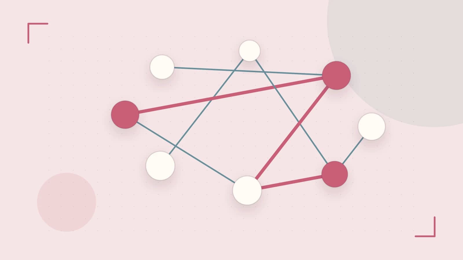 Editorial illustration of an algorithmic node graph with branching paths and a highlighted result