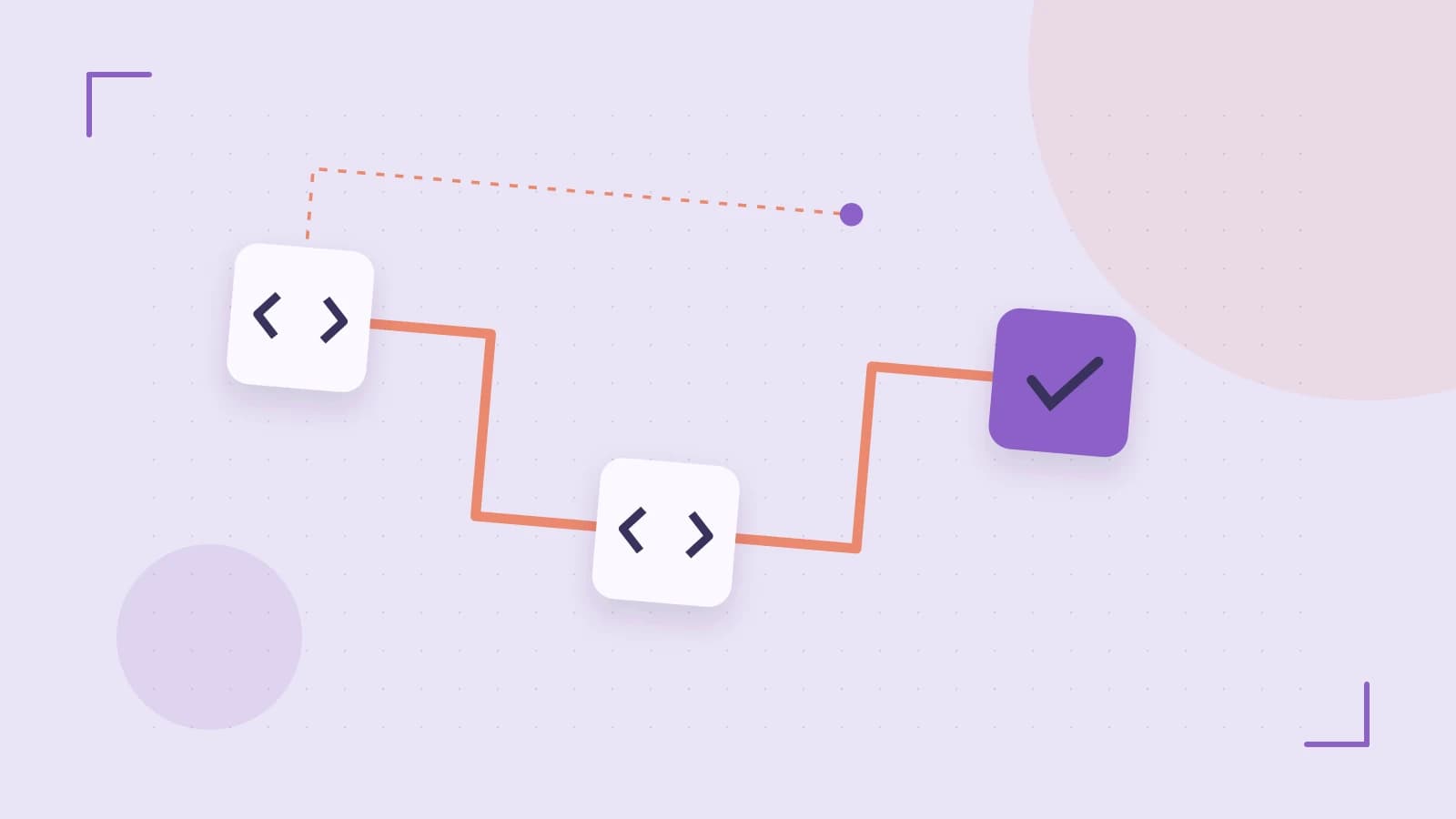 Editorial illustration of a branching build pipeline, staged transformations and a completed check