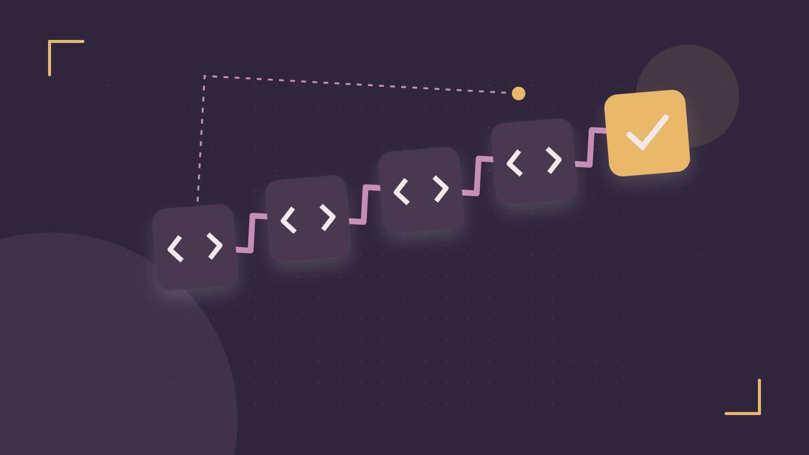 Editorial illustration of a branching build pipeline, staged transformations and a completed check