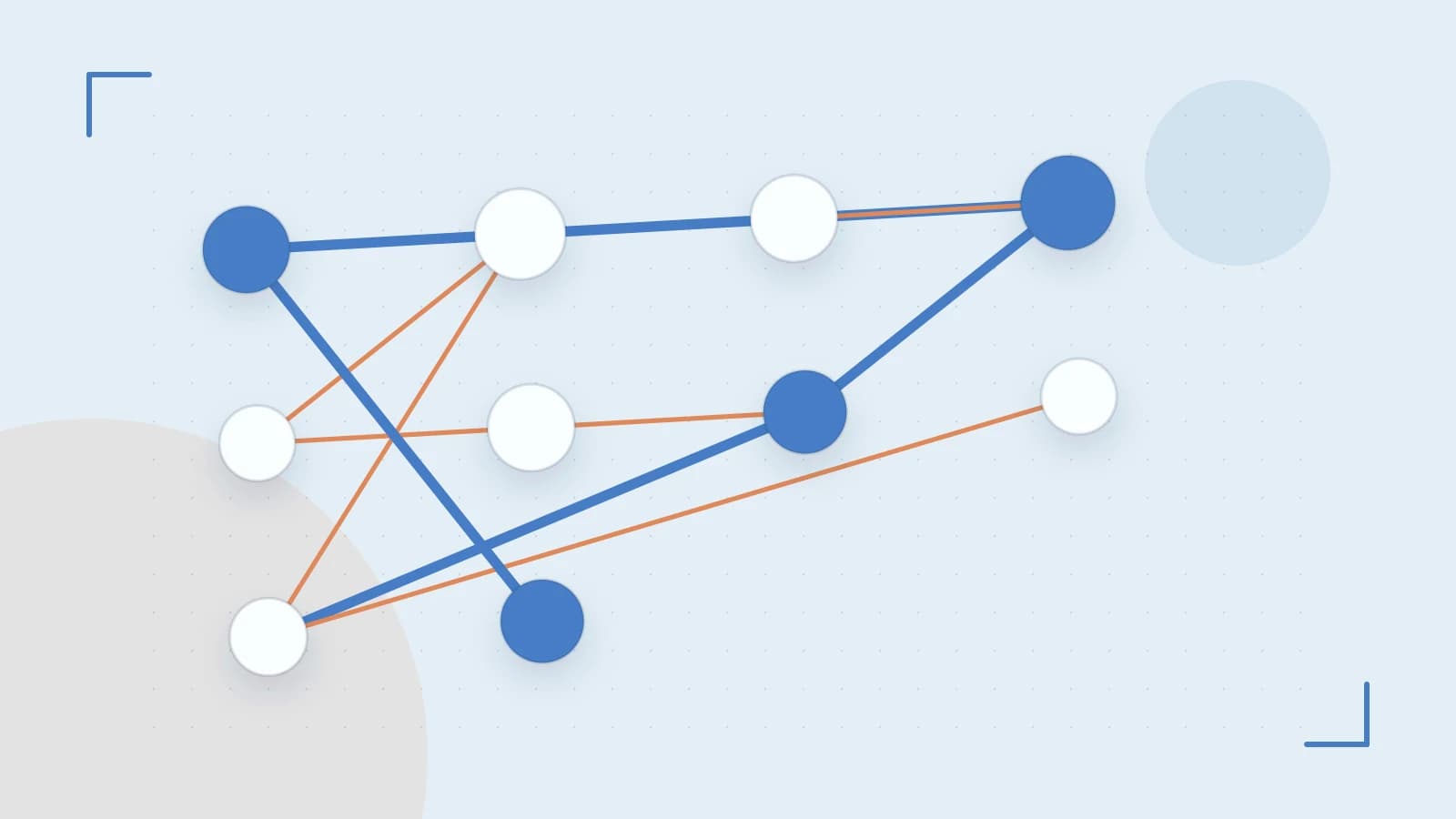 Editorial illustration of an algorithmic node graph with branching paths and a highlighted result