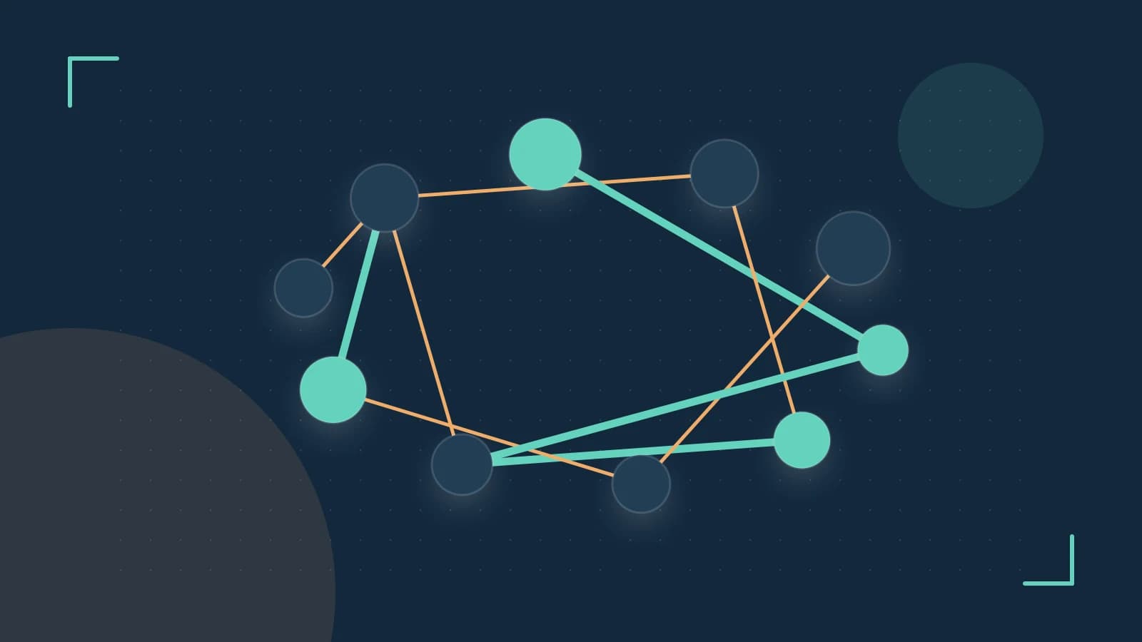 Editorial illustration of an algorithmic node graph with branching paths and a highlighted result