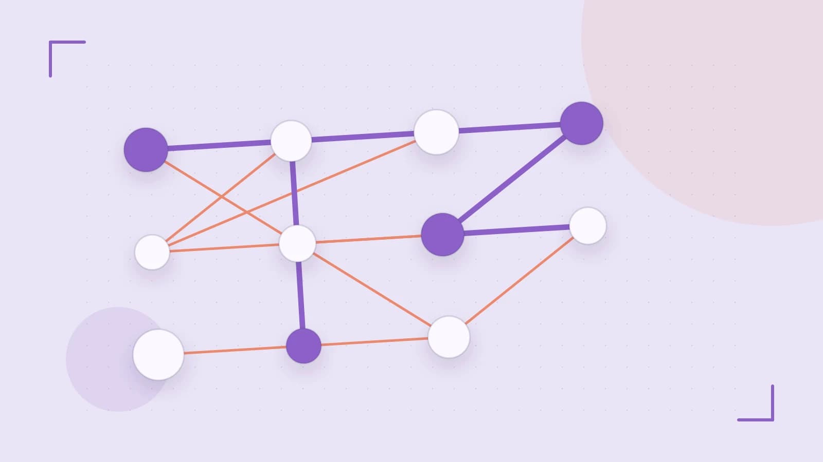 Editorial illustration of an algorithmic node graph with branching paths and a highlighted result