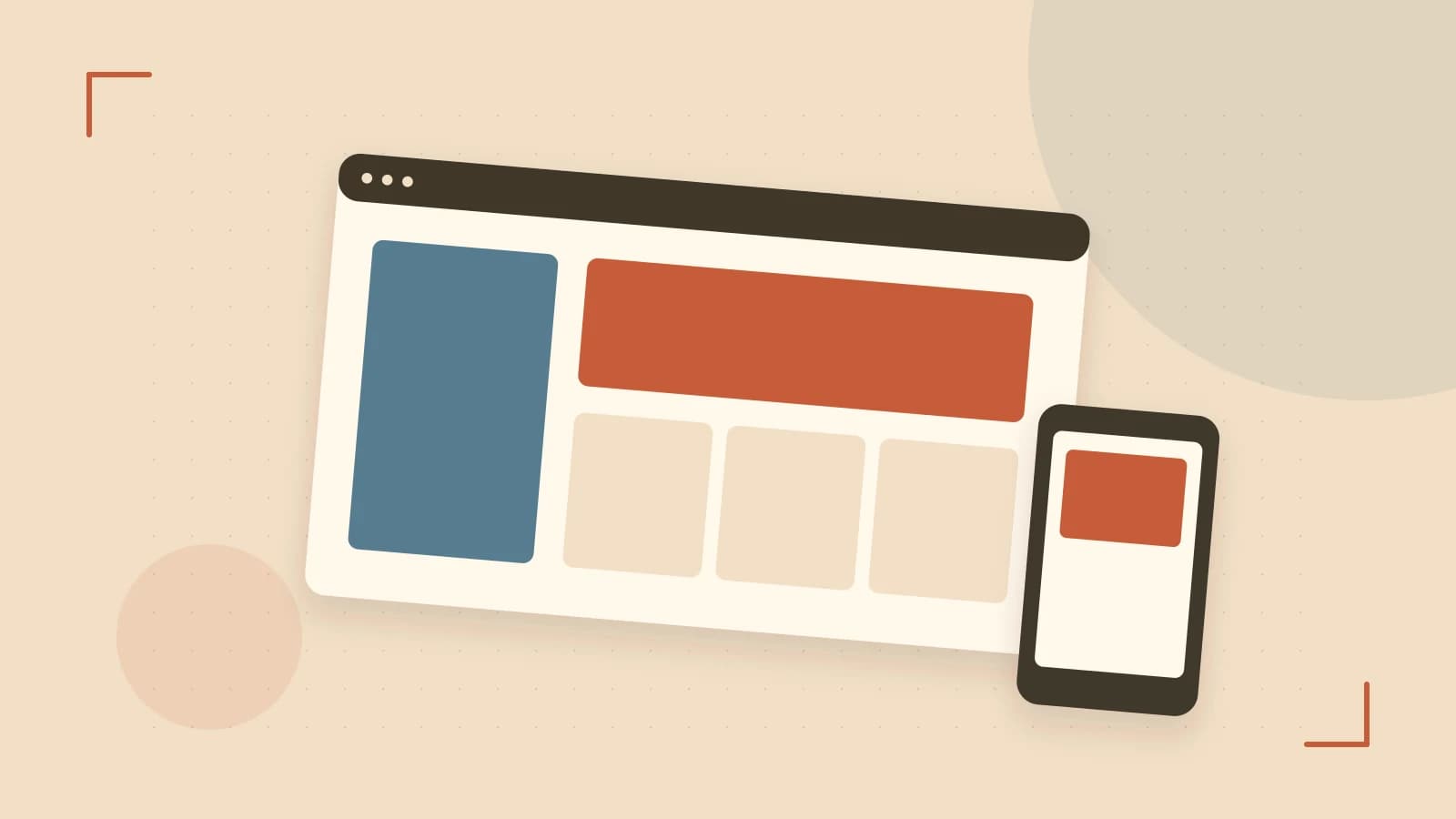 Editorial illustration of responsive browser layouts, overlapping design components and a color system