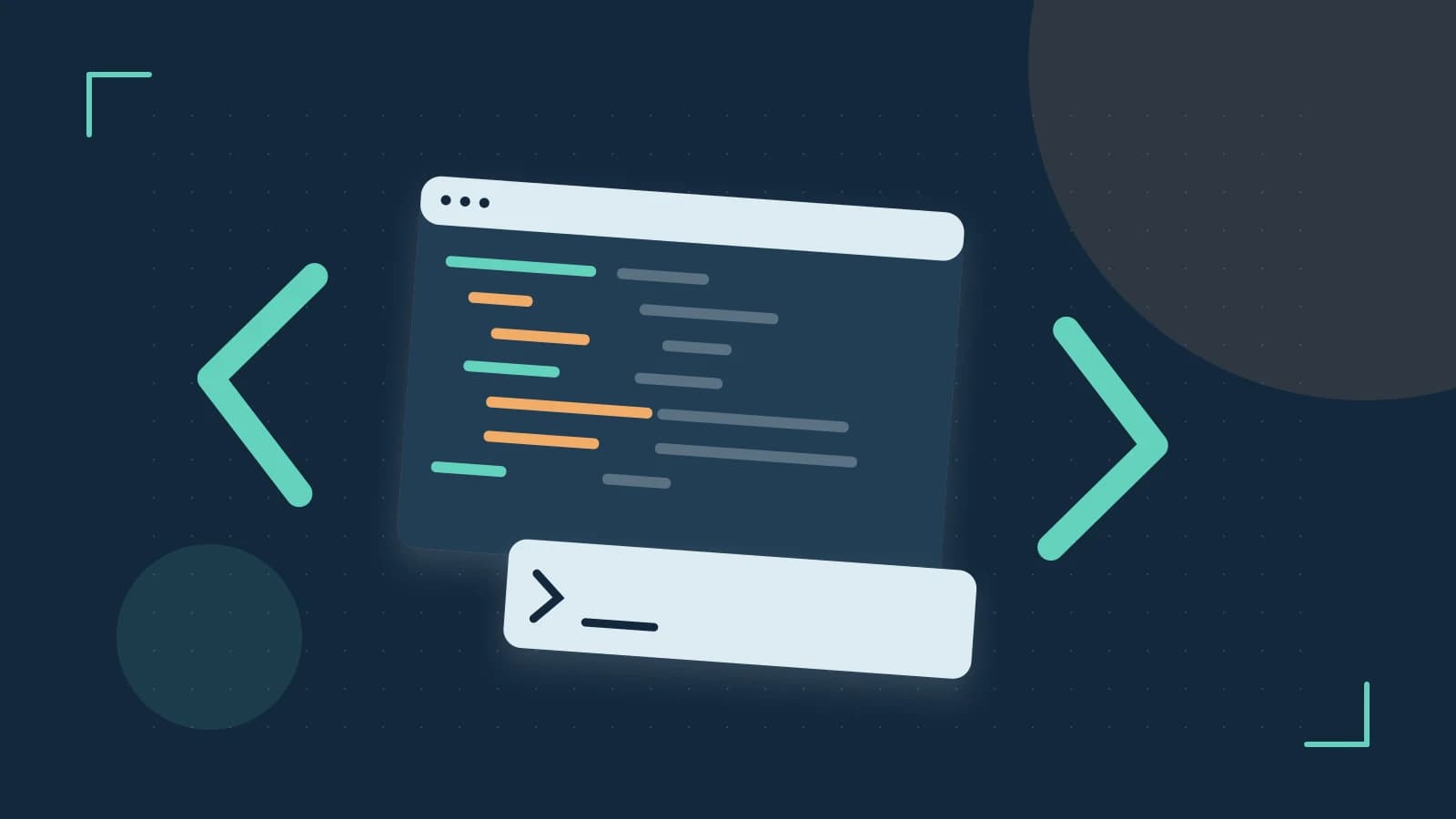 Editorial illustration of an abstract code editor, syntax blocks and oversized programming brackets