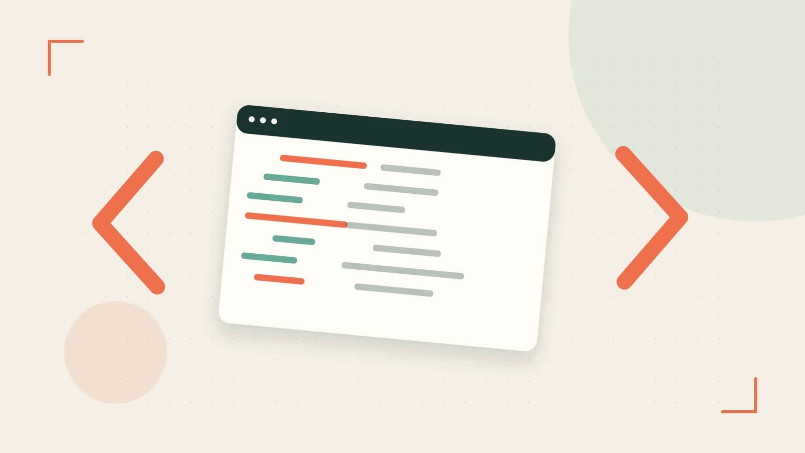 Editorial illustration of an abstract code editor, syntax blocks and oversized programming brackets