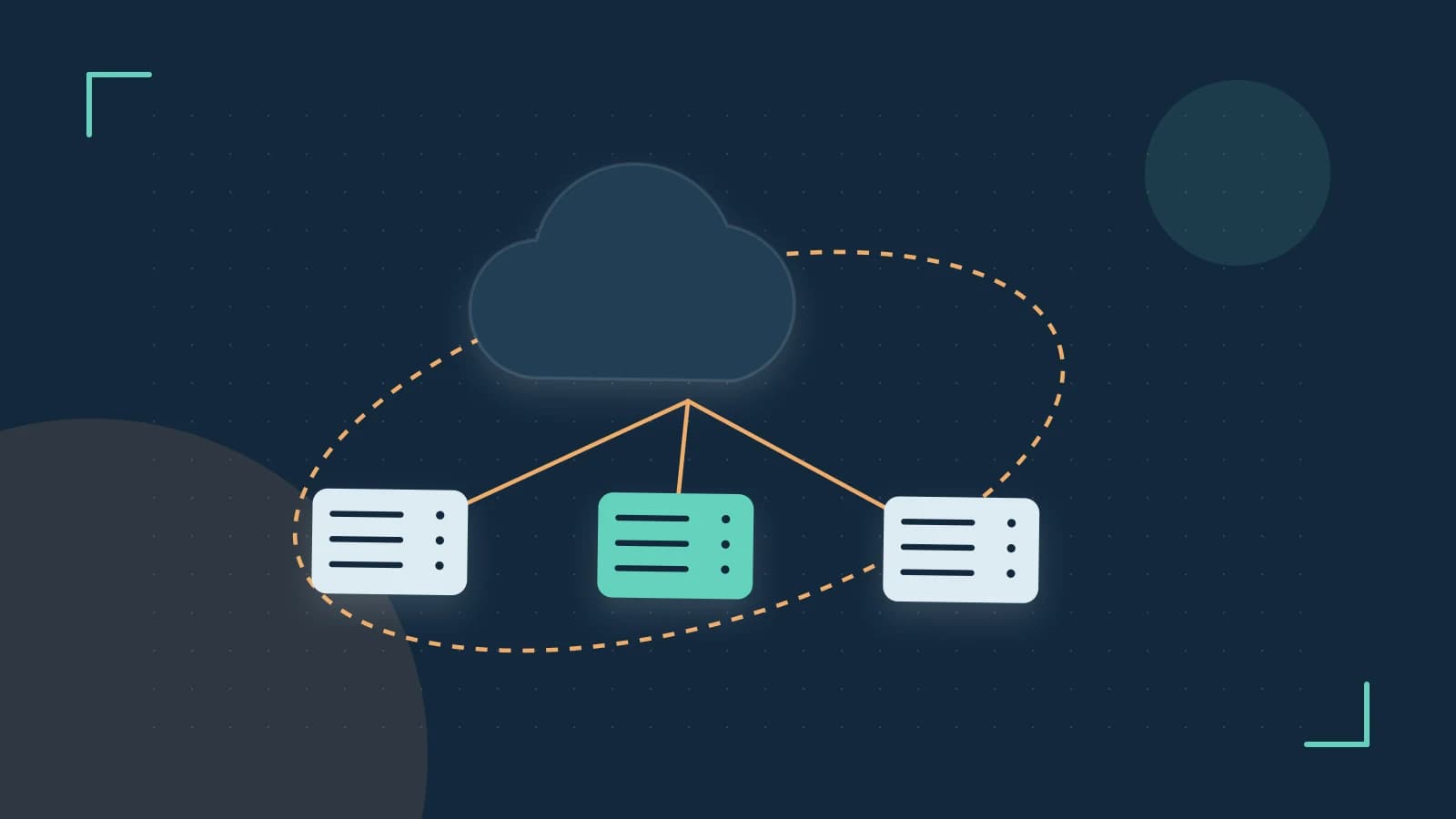 Editorial illustration of cloud infrastructure, connected server racks and an orbital service map