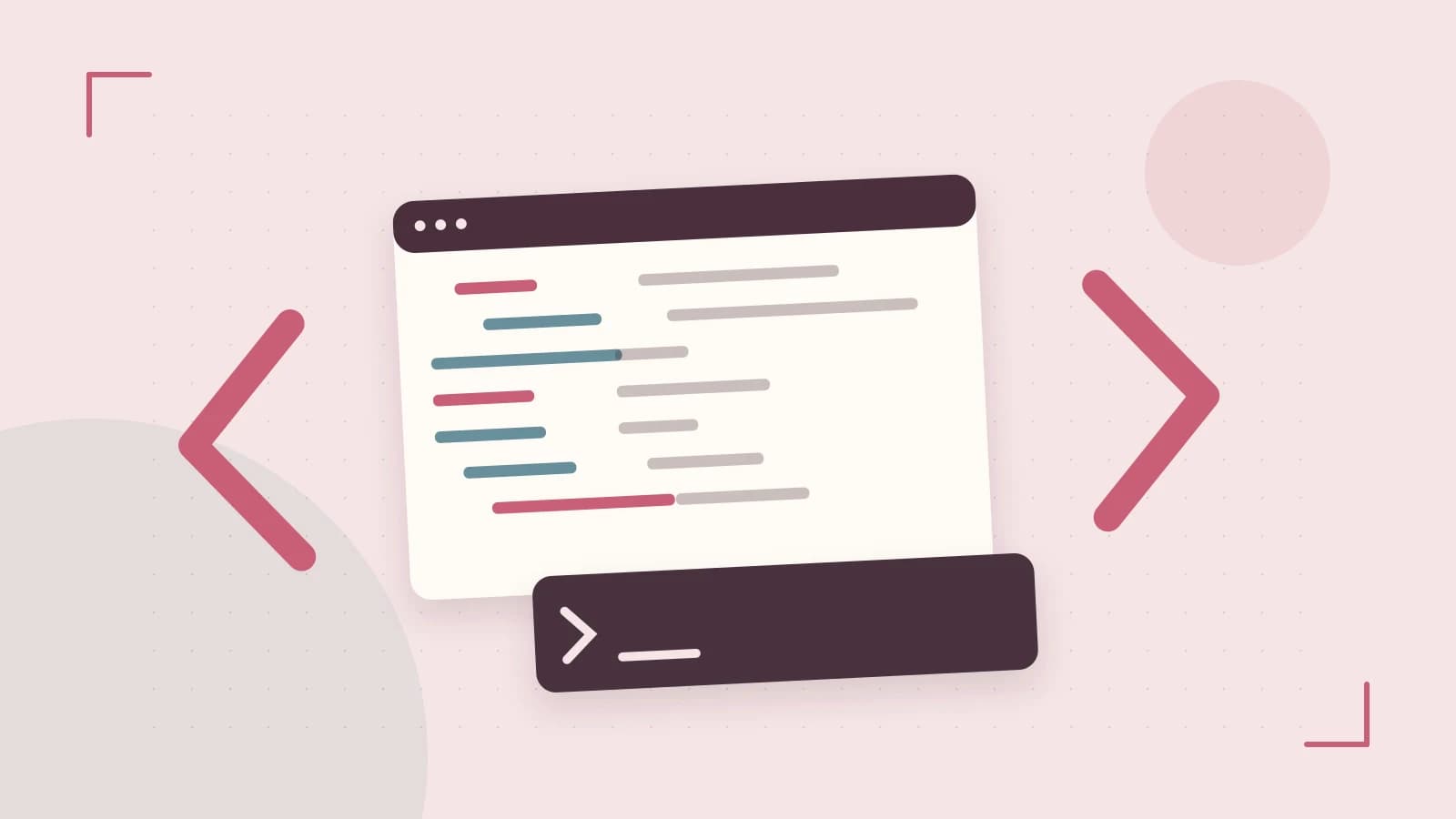 Editorial illustration of an abstract code editor, syntax blocks and oversized programming brackets
