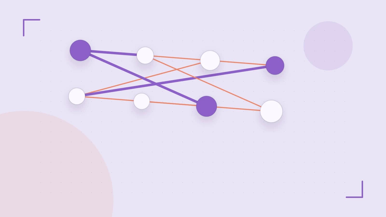 Editorial illustration of an algorithmic node graph with branching paths and a highlighted result