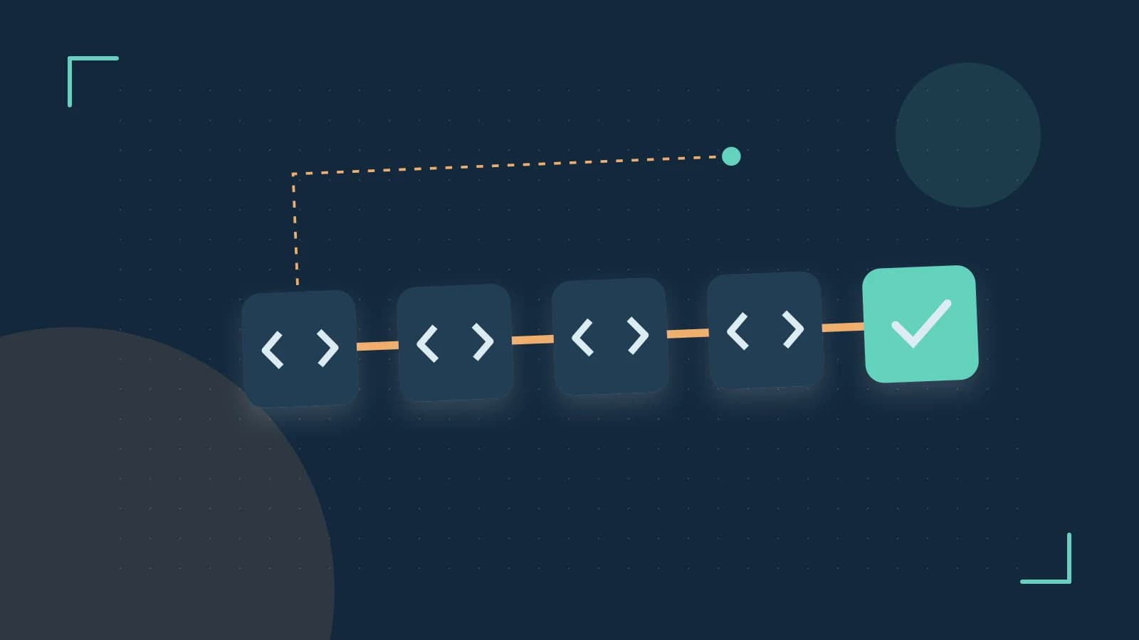 Editorial illustration of a branching build pipeline, staged transformations and a completed check
