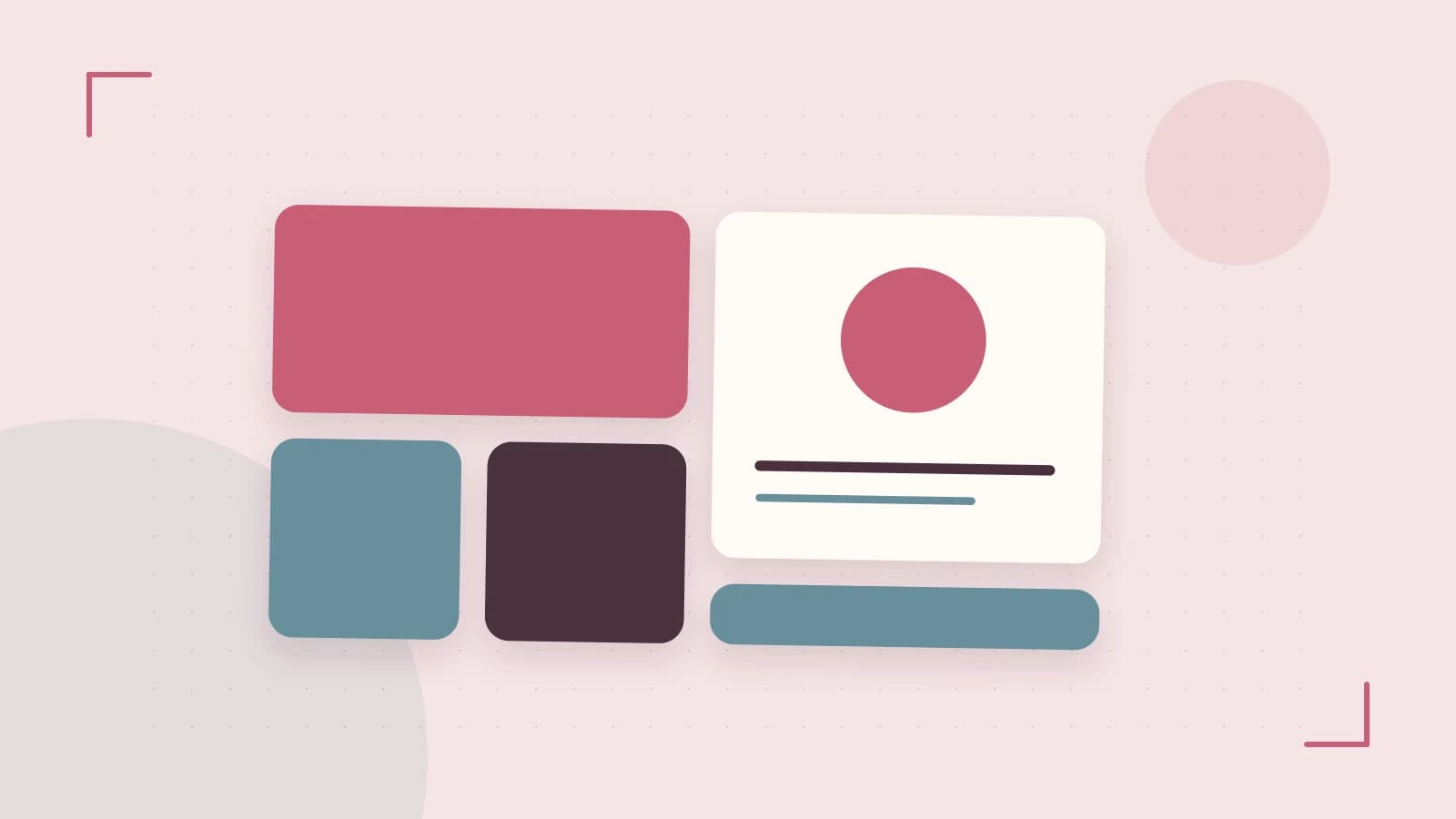 Editorial illustration of responsive browser layouts, overlapping design components and a color system