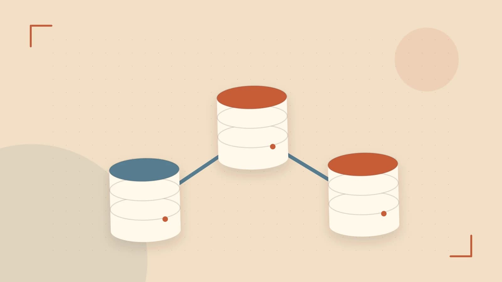 Editorial illustration of structured records, database cylinders and relationships between tables