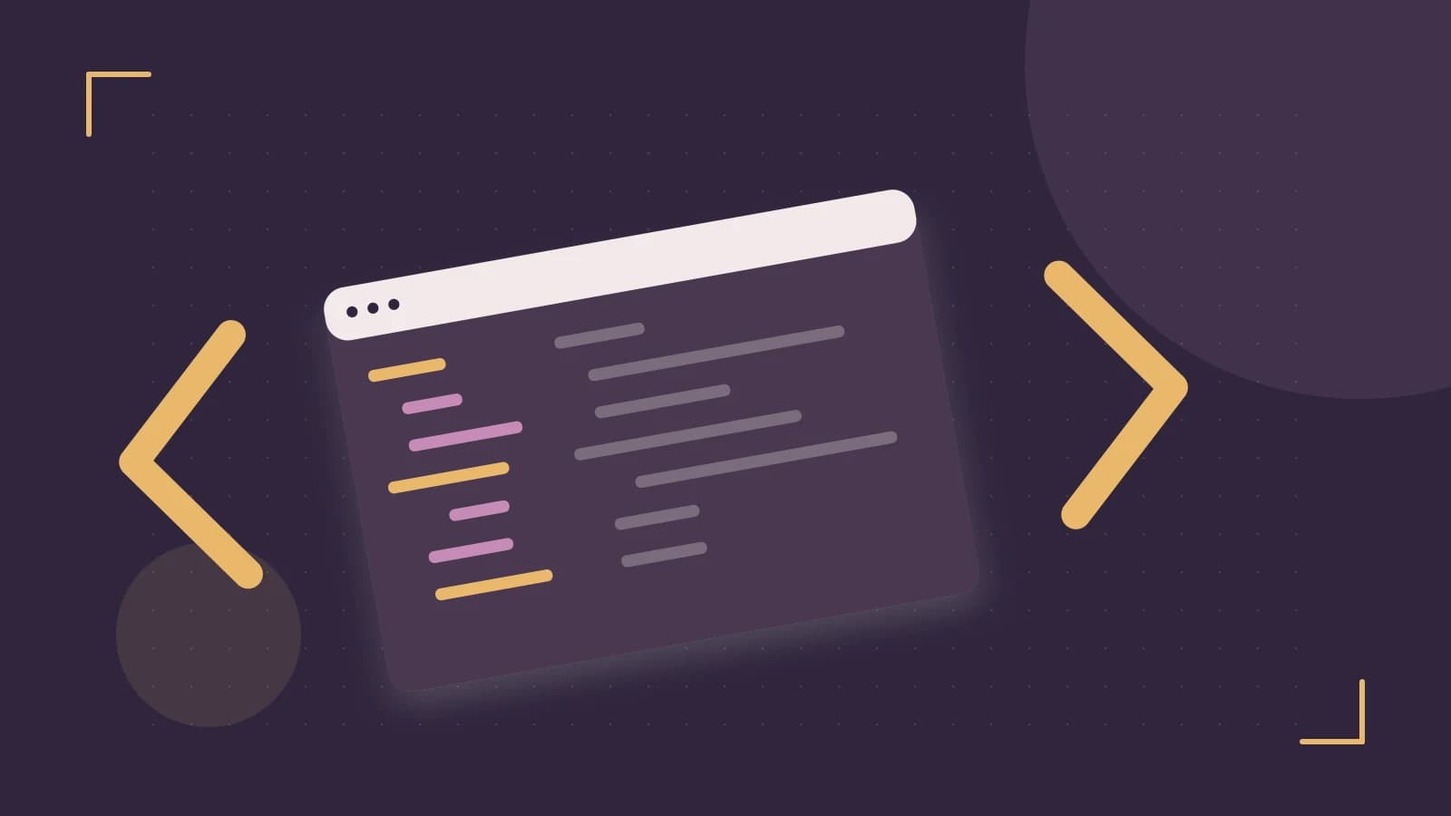 Editorial illustration of an abstract code editor, syntax blocks and oversized programming brackets