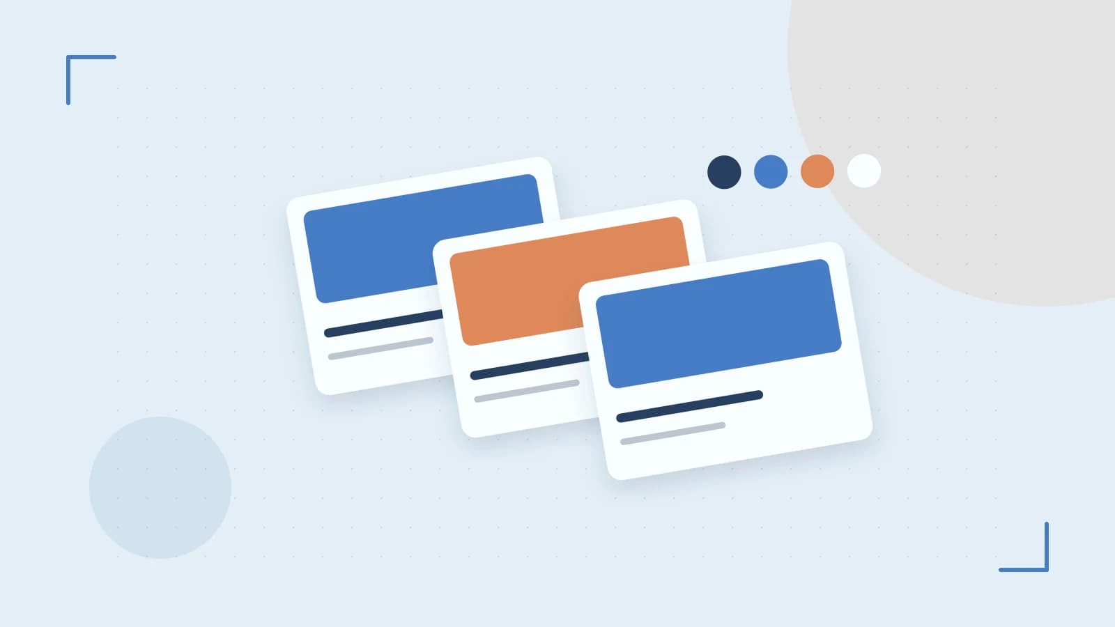 Editorial illustration of responsive browser layouts, overlapping design components and a color system
