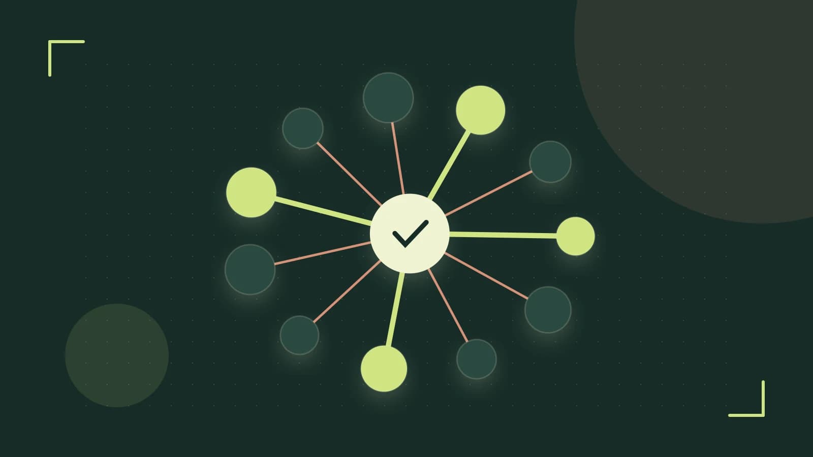 Editorial illustration of an algorithmic node graph with branching paths and a highlighted result